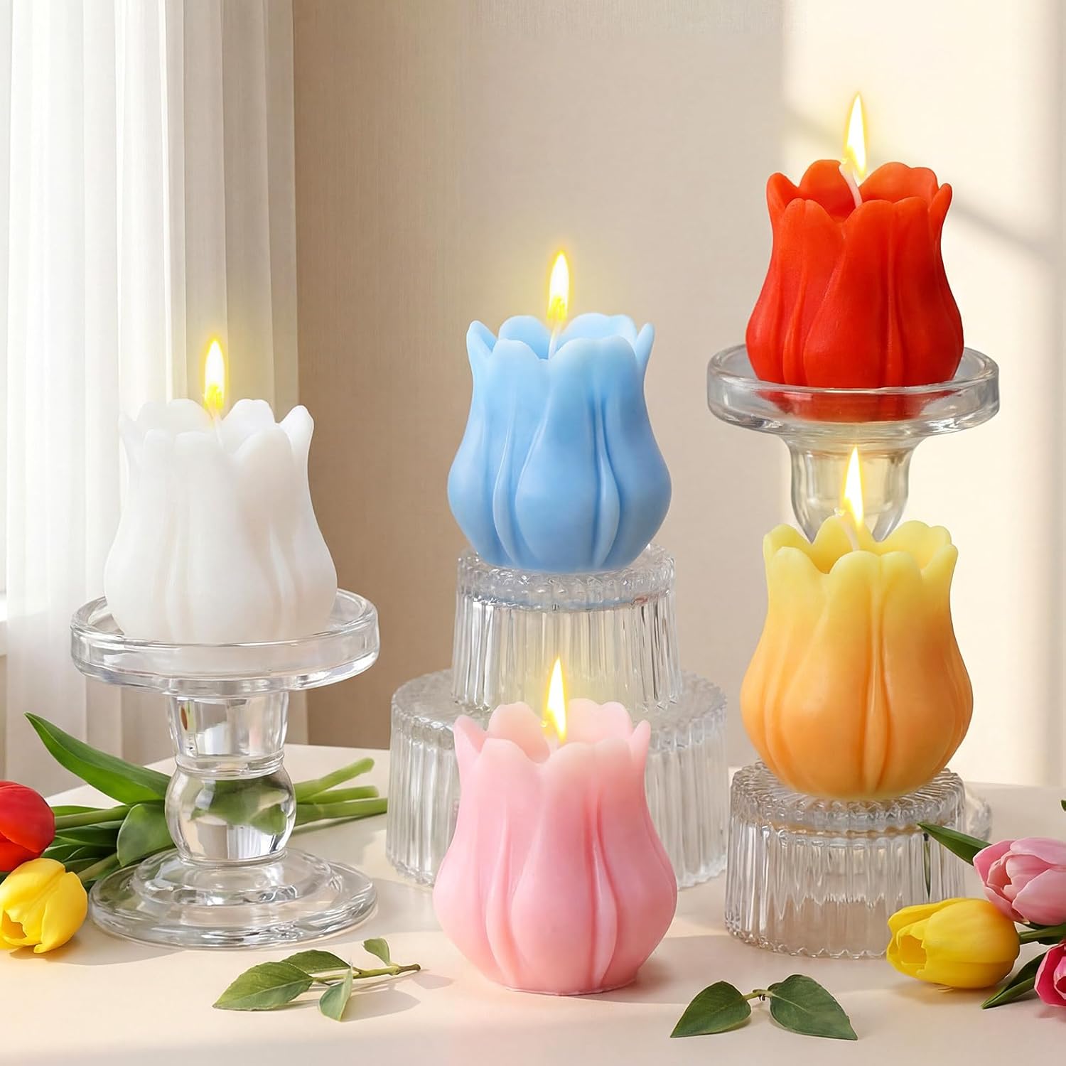 5 Pcs Spring Tulips Flower Candle Pastel Easter Spring Flower Shaped Burning Tea Candle Tulips Decor Gift Unscented for Home Table Centerpiece Easter Party Decorations Supplies - Image 7