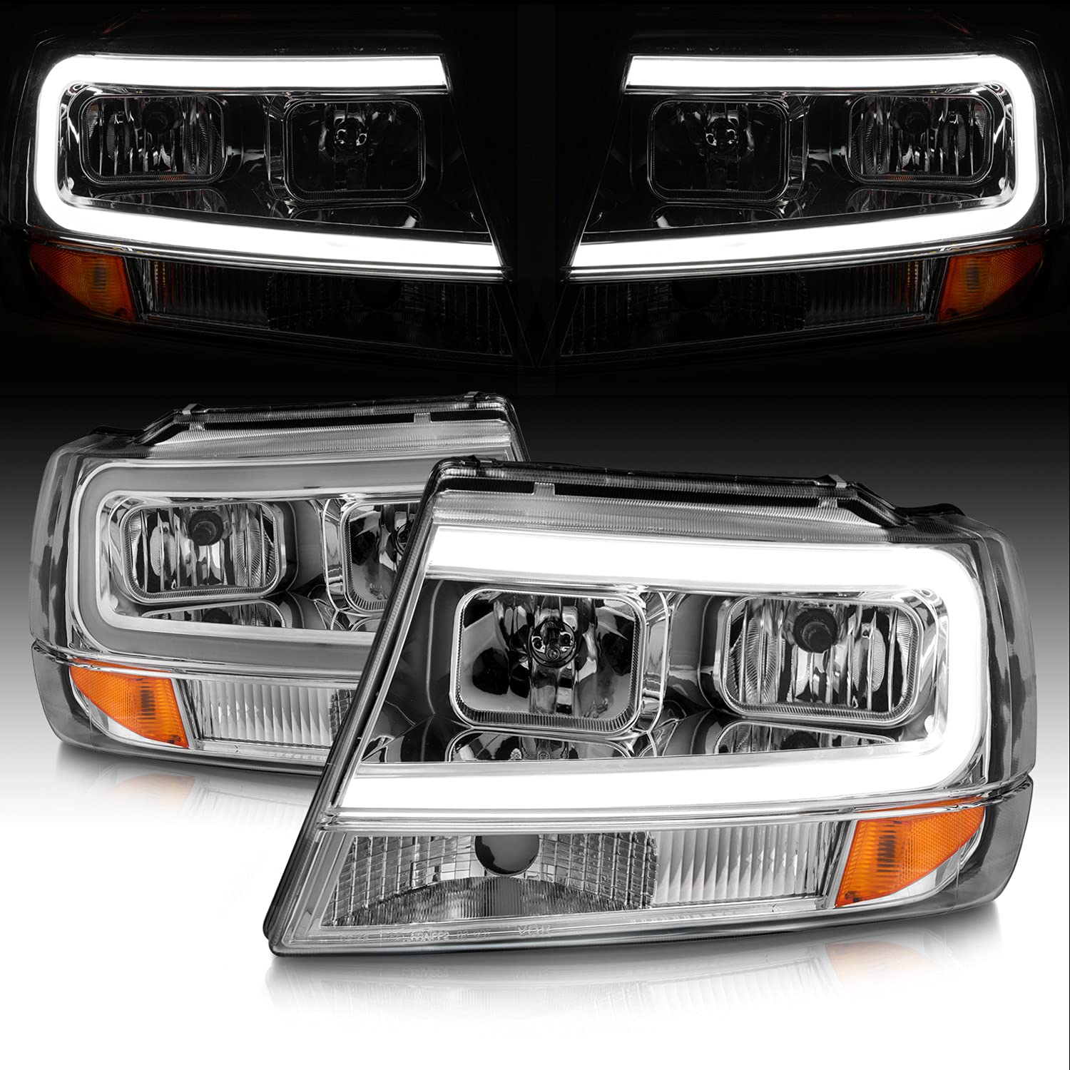 AmeriLite for 1999-2004 Jeep Grand Cherokee LED Light Bar Crystal Chrome Replacement Headlights Set - Driver and Passenger Side