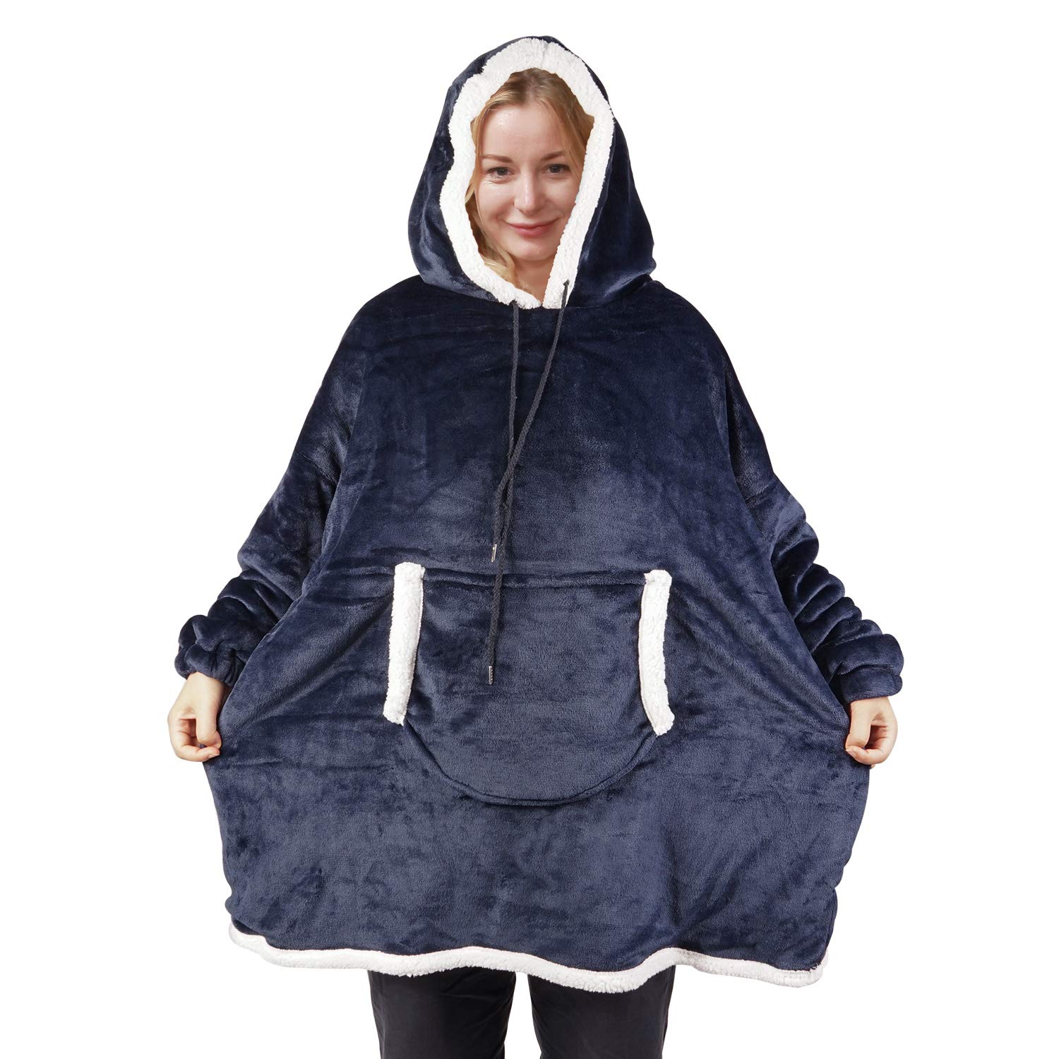 softan Blanket Hoodie, Oversized Sherpa Fleece Wearable Blanket for Women & Men, Super Warm and Cozy Plush Flannel Hooded Blanket, Sweatshirt Gift with Giant Pocket, One Size Fits All, Navy