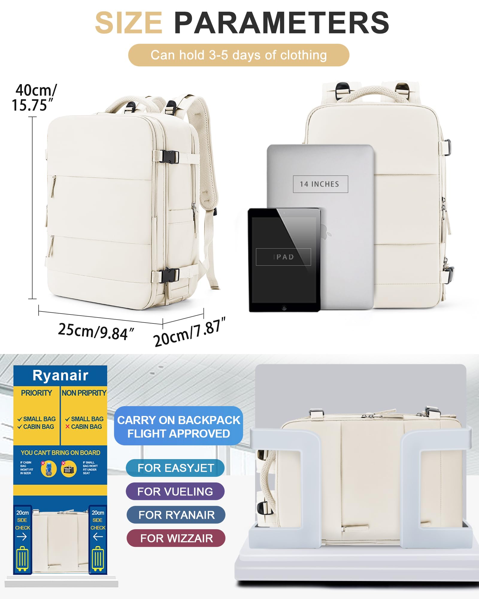 BJLFS Borse da Cabina per Ryanair 40x20x25 Bagaglio a Mano Zaino da viaggio aere,Zaino Easyjet 45x36x20,Zaino Casual per laptop da 14 pollici per scuola