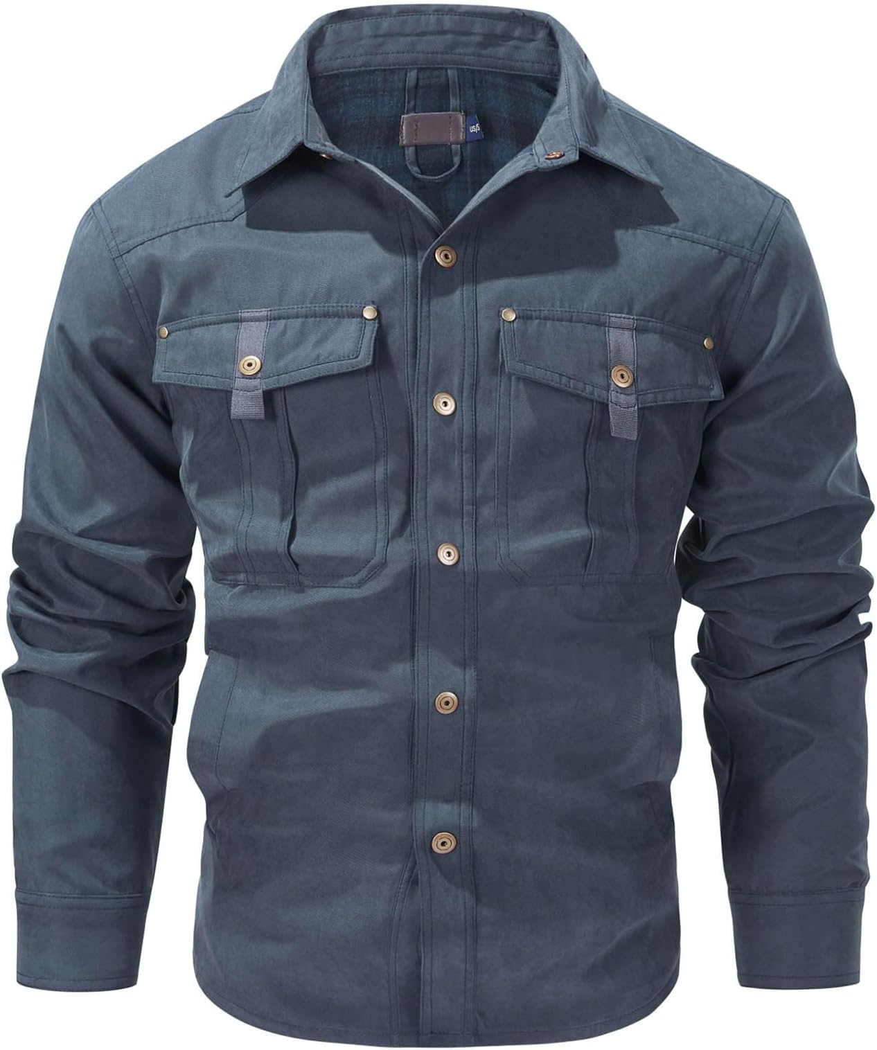Men's Checked Shirt Jacket, Flannel Lining Jacket, Snap Brushed Transition Jacket, Lightweight Stand-Up Collar, Field Jacket, Western Cowboy Jackets, Outdoor Jacket with Multiple Pockets