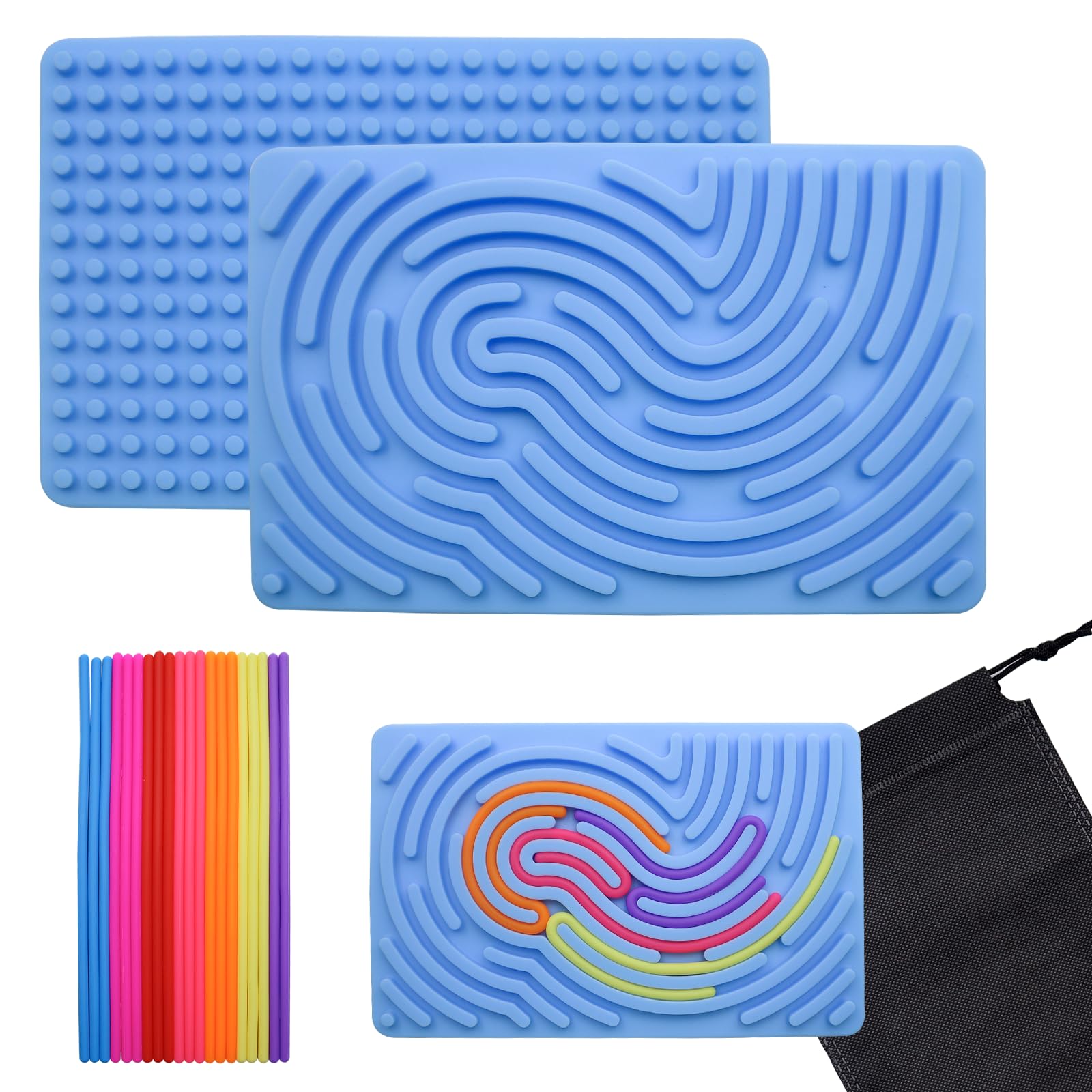Sensorik Activity Board Silikon, Sensorik Activity Board, Montessori Spielzeug Doppelseitiges Aktivitätsbrett mit 20 Strings & Reisetasche Beruhigung ADHD Autismus Spielzeug für Kinder, Hellblau