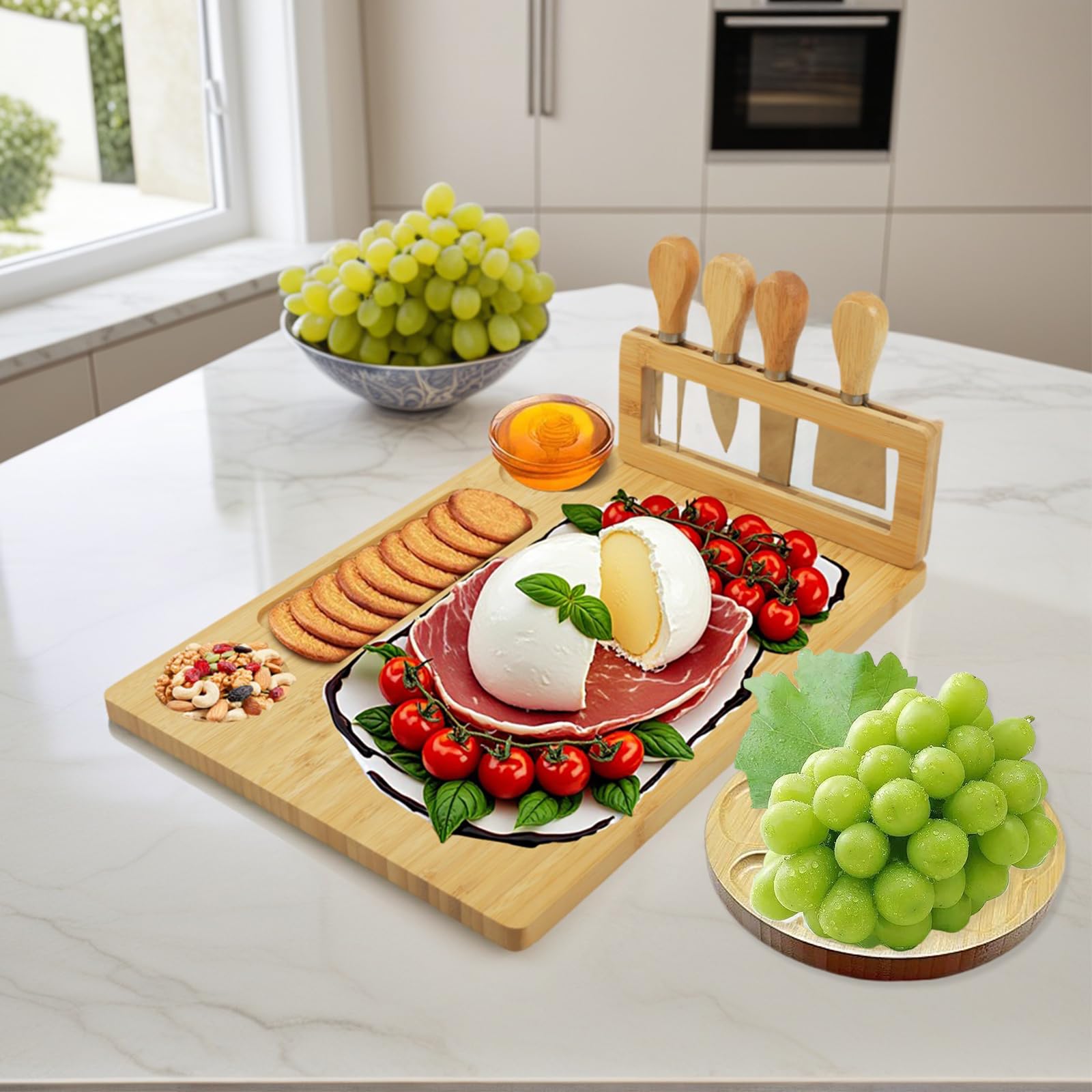 Tabla de Quesos y Bandeja Redonda Frutas, Tabla para Picoteo con 4 Cuchillos, set Tabla Quesos, Tabla Aperitivos Bambú para Familia, Cumpleaños, Aniversario, Boda, Navidad, Inauguración de Casa
