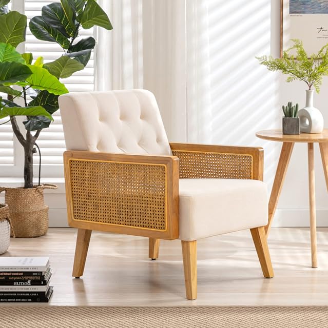 HomeMiYN Modern Armchair with Cane Wicker Breathable Armrest Upholstered Woven Wooden Armchair with Adjustable Legs for Patio Living Room Balcony Beige