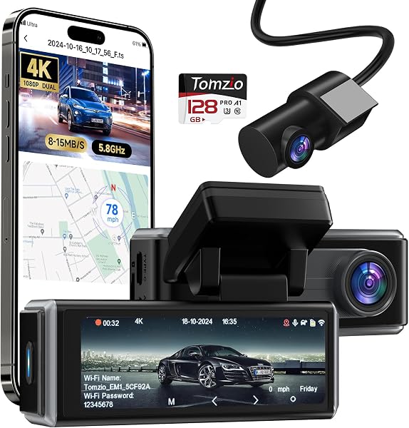 Tomzio EM1 4K Dash Cam with GPS and 128GB Card
