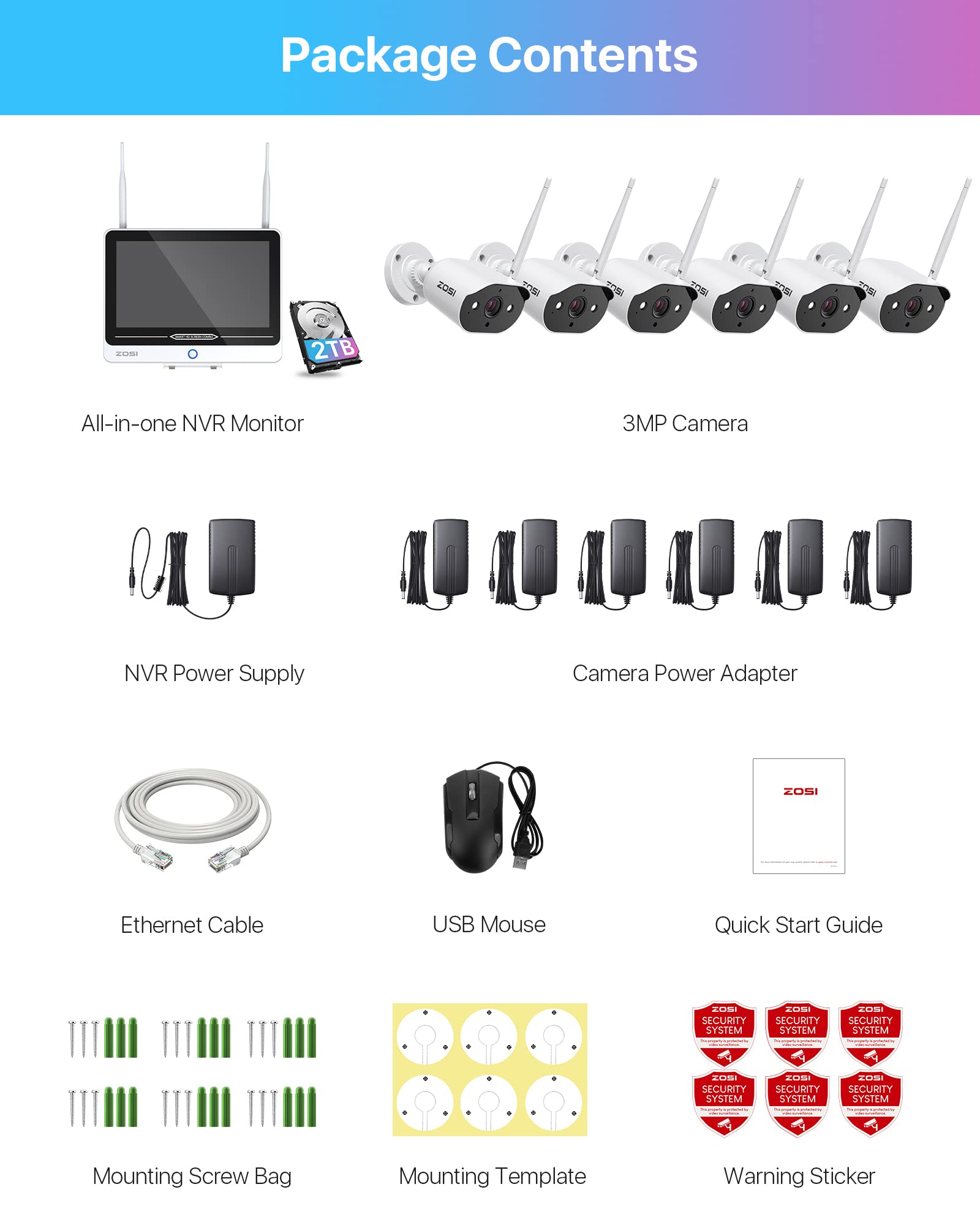 ZOSI 3MP Cámara de Vigilancia WiFi 2K 8CH H.265+ NVR Exterior Visión Nocturna Alarma Movimiento 6pcs C302