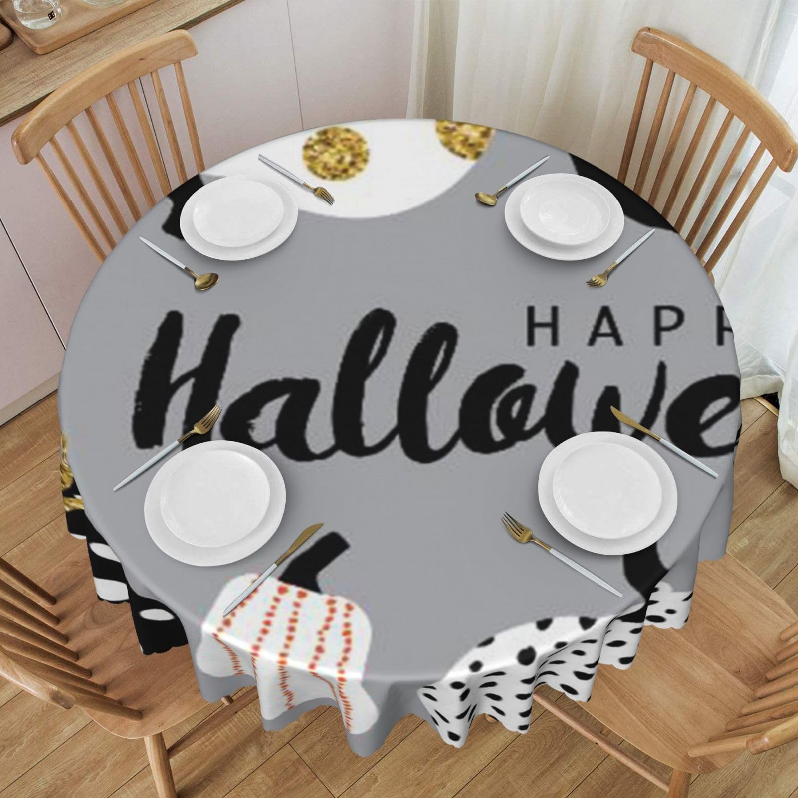 DCEHGEW 60 In Round Tablecloth with Lace, Happy-Halloween-Day Printed Oilproof & Washable Fabric Picnic Table Cloth Table Covers