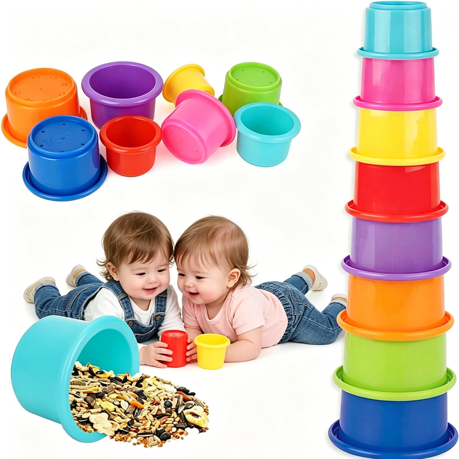 Moxychrony 8 Pcs Rabbit Stacking Cups, Stacking Cups For Rabbits-Bunny Toys for Hiding Food and Playtime Fun, Stacking Cup Baby Multi Purpose Stacking Toys, Multicolor and Various Sizes