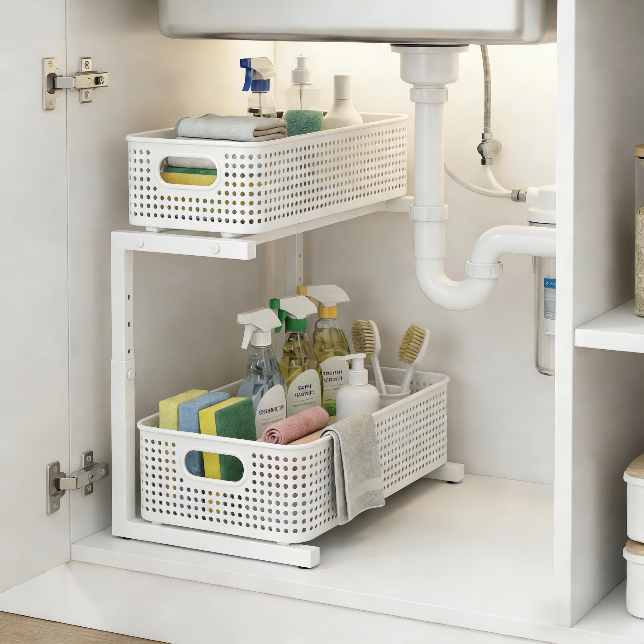küchenschrank organizer,1 Stück ausziehbarer Schubladenregal | Spülen Organizer Badezimmerschrank-Aufbewahrung|Verstellbarer Metall Schiebeschubladen für Vorrats und Schrankorganisation,weiß