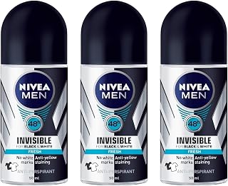Nivea Invisible for Black & White Fresh Scent Men's Roll-On Antiperspirant Deodorant, Pack of 3 (50ml Each) - No-Stain Protection