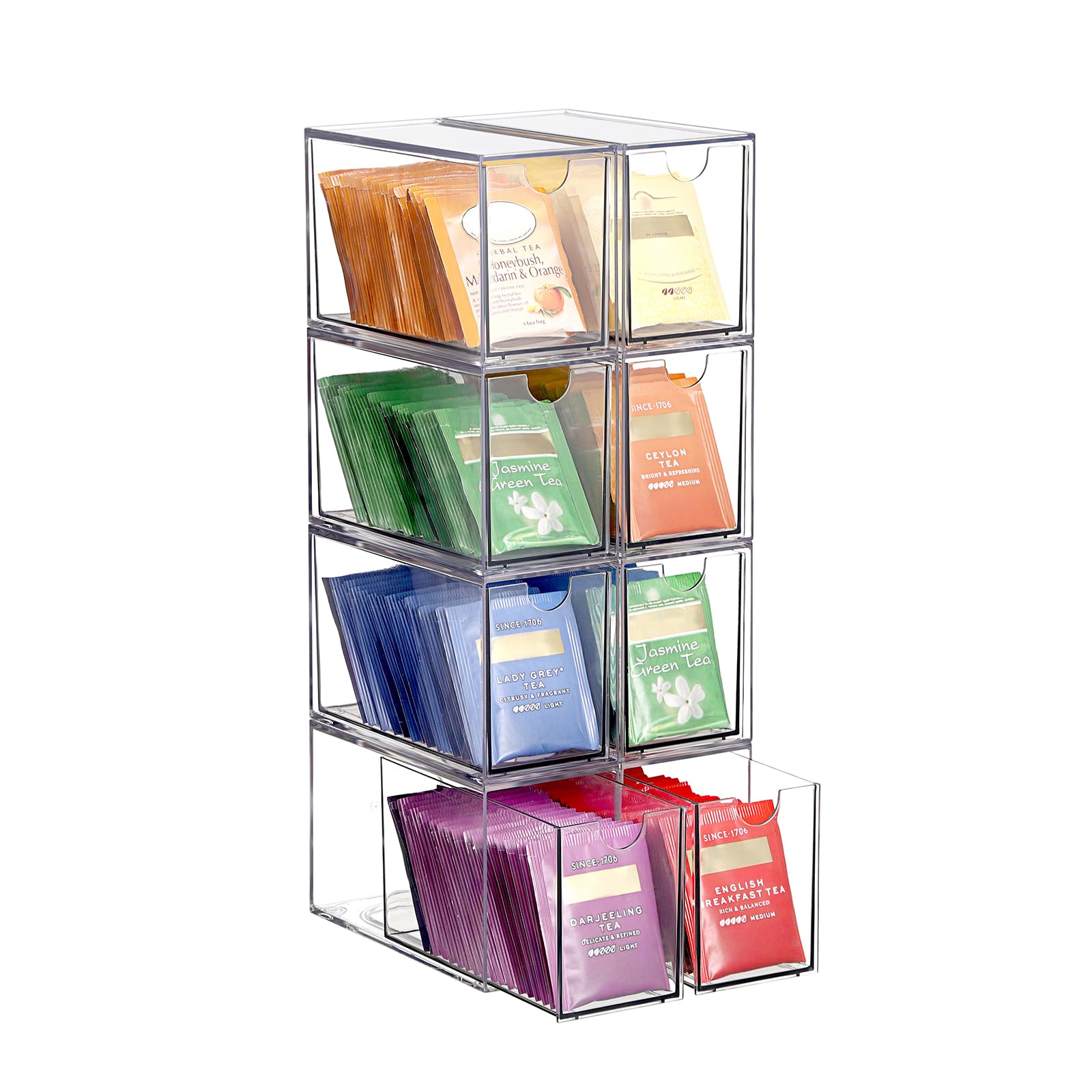 ELLDOO Organiseur de sachets de thé à 8 tiroirs, en acrylique transparent empilable, support de rangement pour sachets de thé de cuisine, garde-manger, rangement pour dosettes de café, collations pour