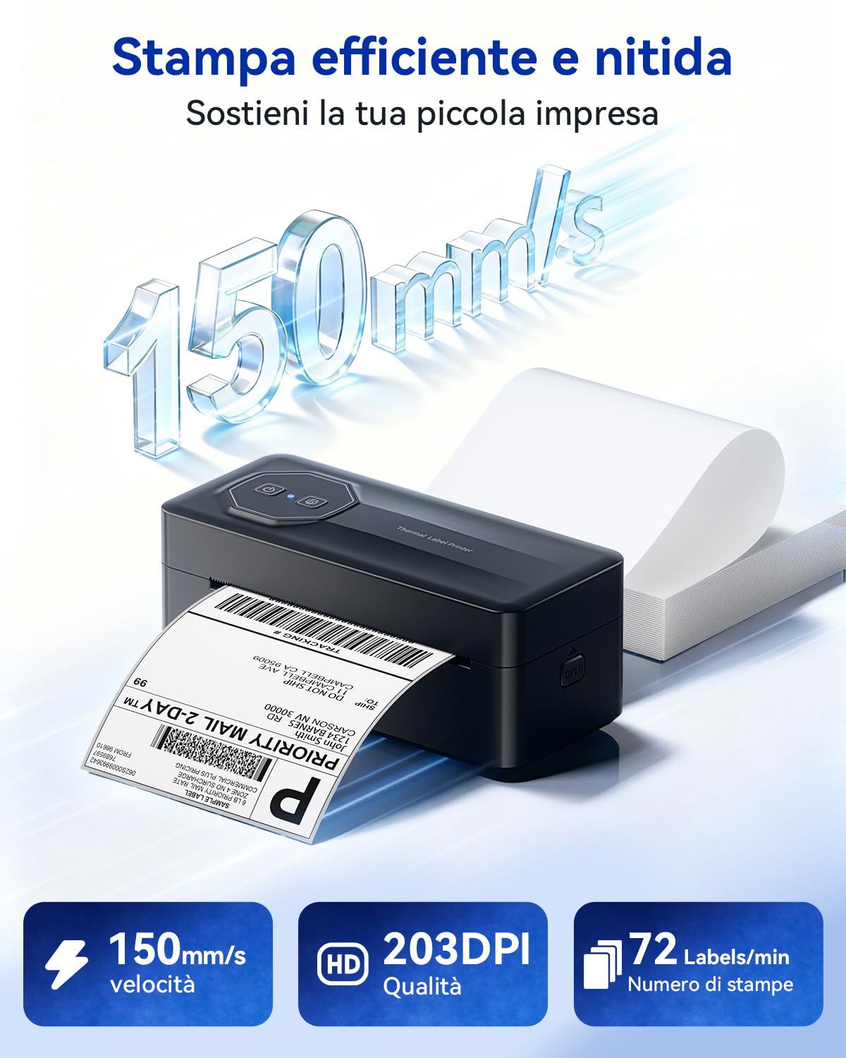TATTMUSE Stampante termica Bluetooth da 4 x 6 pollici – Stampante per etichette di spedizione compatibile con DHL, Amazon, FedEx, Shopify, Etsy e Royal Mail. Ideale per codici a barre, etichette