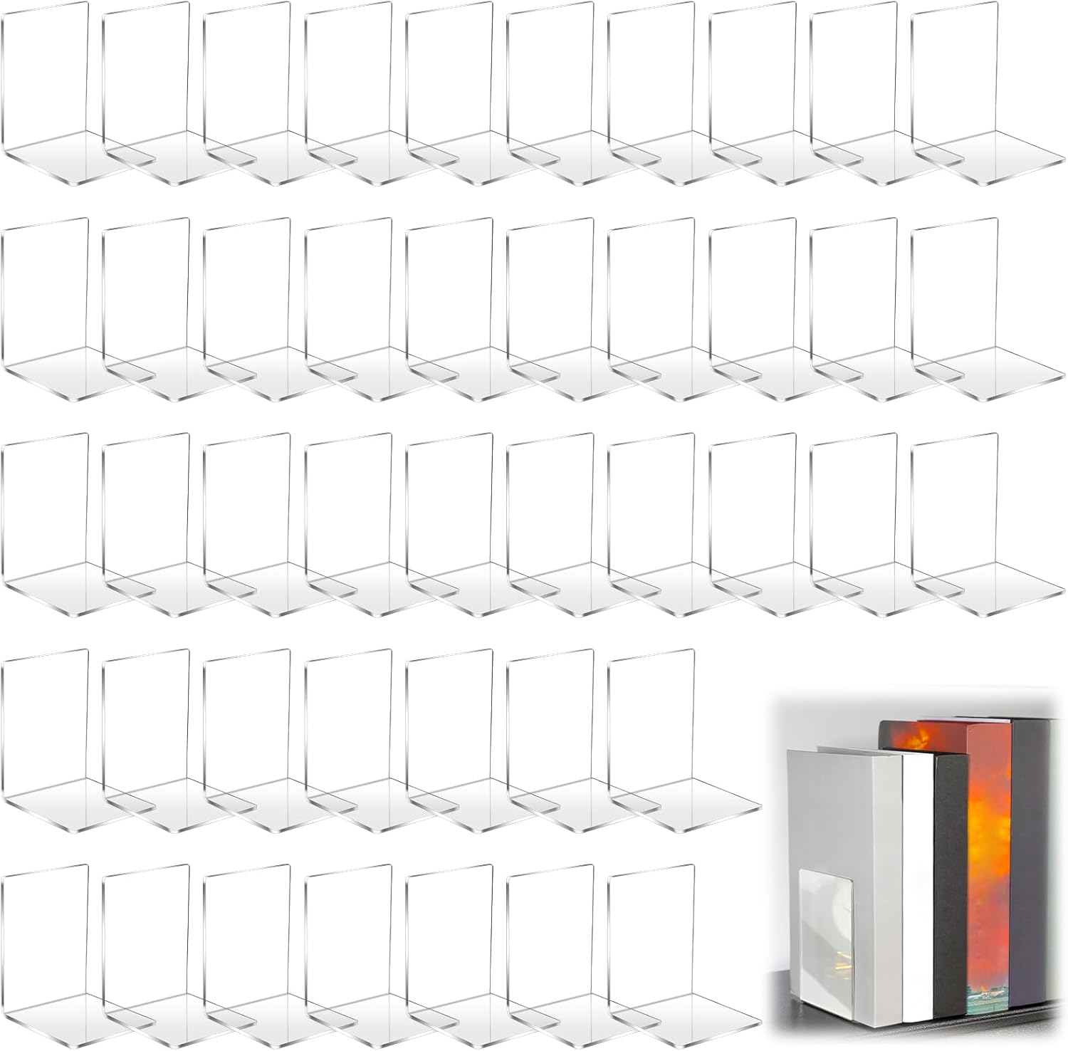 Tatuo 50 Piece Acrylic Bookends Bulk Heavy Duty Clear Book Stoppers for Shelves Decorative Book Organizer for Movies, Cds, Library, Office, School 5.12 x 3.94 x 3.94 Inches