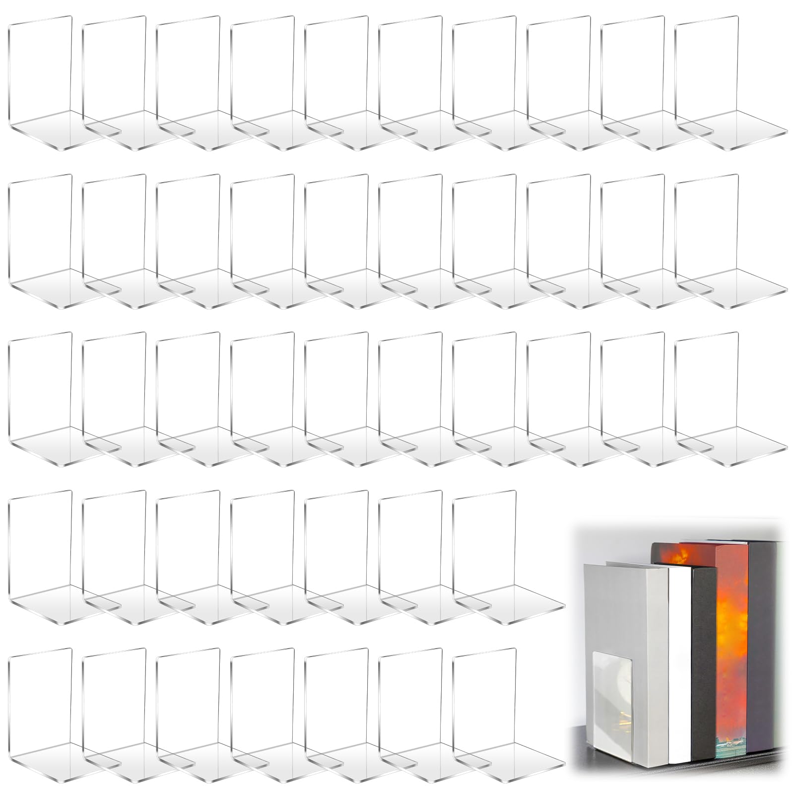 Tatuo 50 Piece Acrylic Bookends Bulk Heavy Duty Clear Book Stoppers for Shelves Decorative Book Organizer for Movies, Cds, Library, Office, School