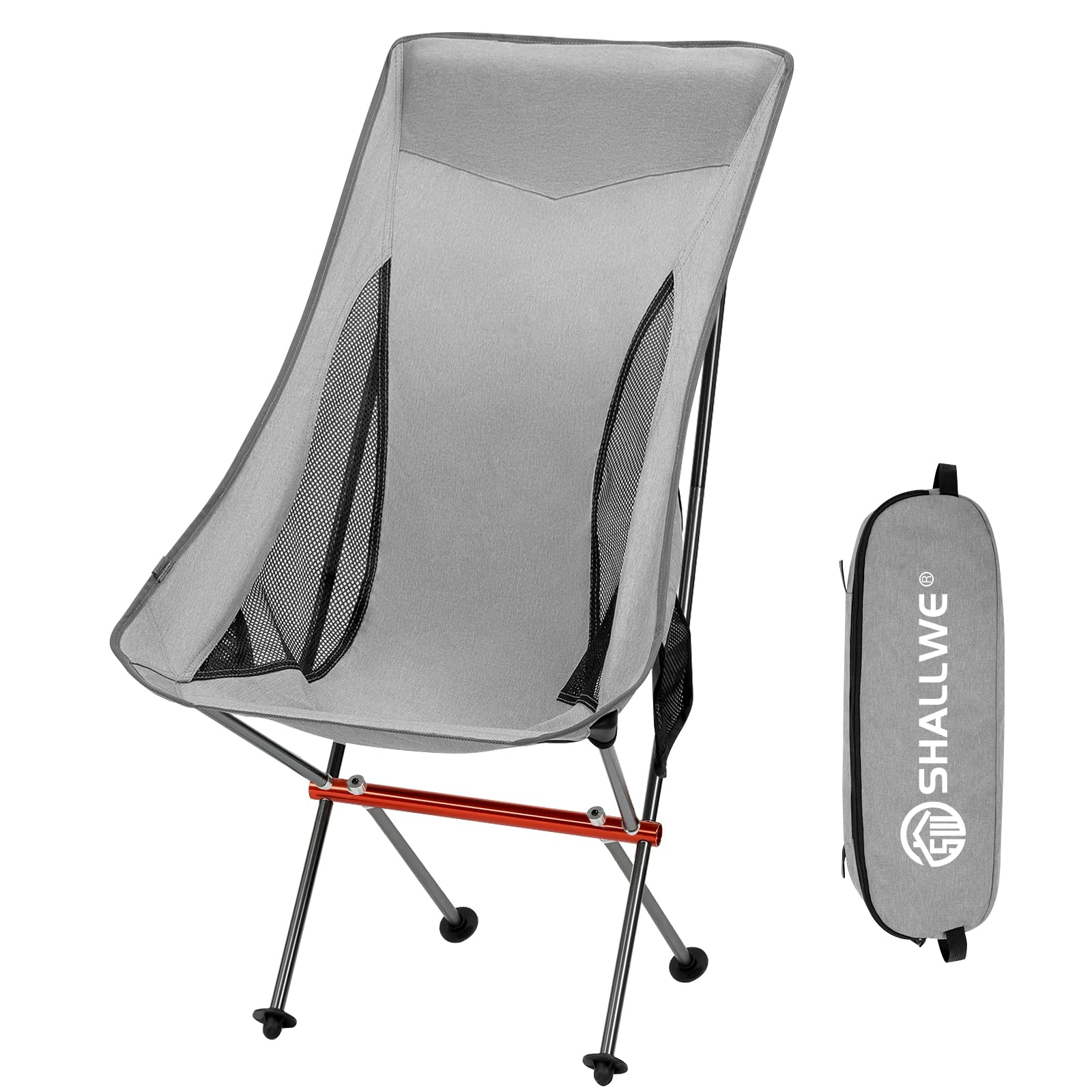 SHALLWE Klappbarer Campingstuhl mit hoher Rückenlehne, Aluminium-Struktur, Seitentasche, Tragetasche, kompakt für Outdoor-Rucksackreisen (Grau)