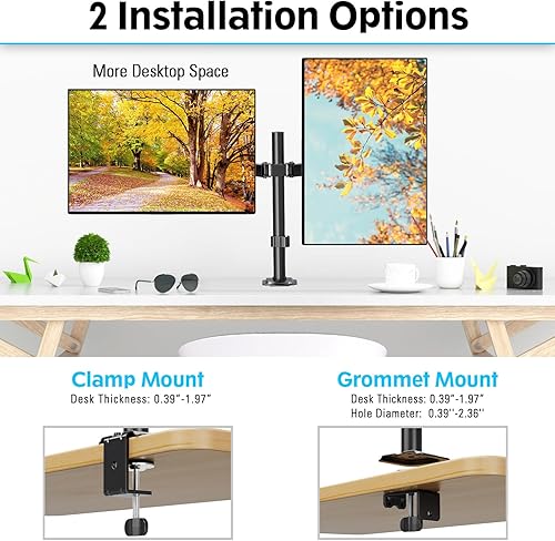 Miniatura 5 de Soporte para monitor doble, soporta dos pantallas de hasta 32 pulgadas, 17.6 libras cada una, brazos totalmente ajustables con abrazadera en C y