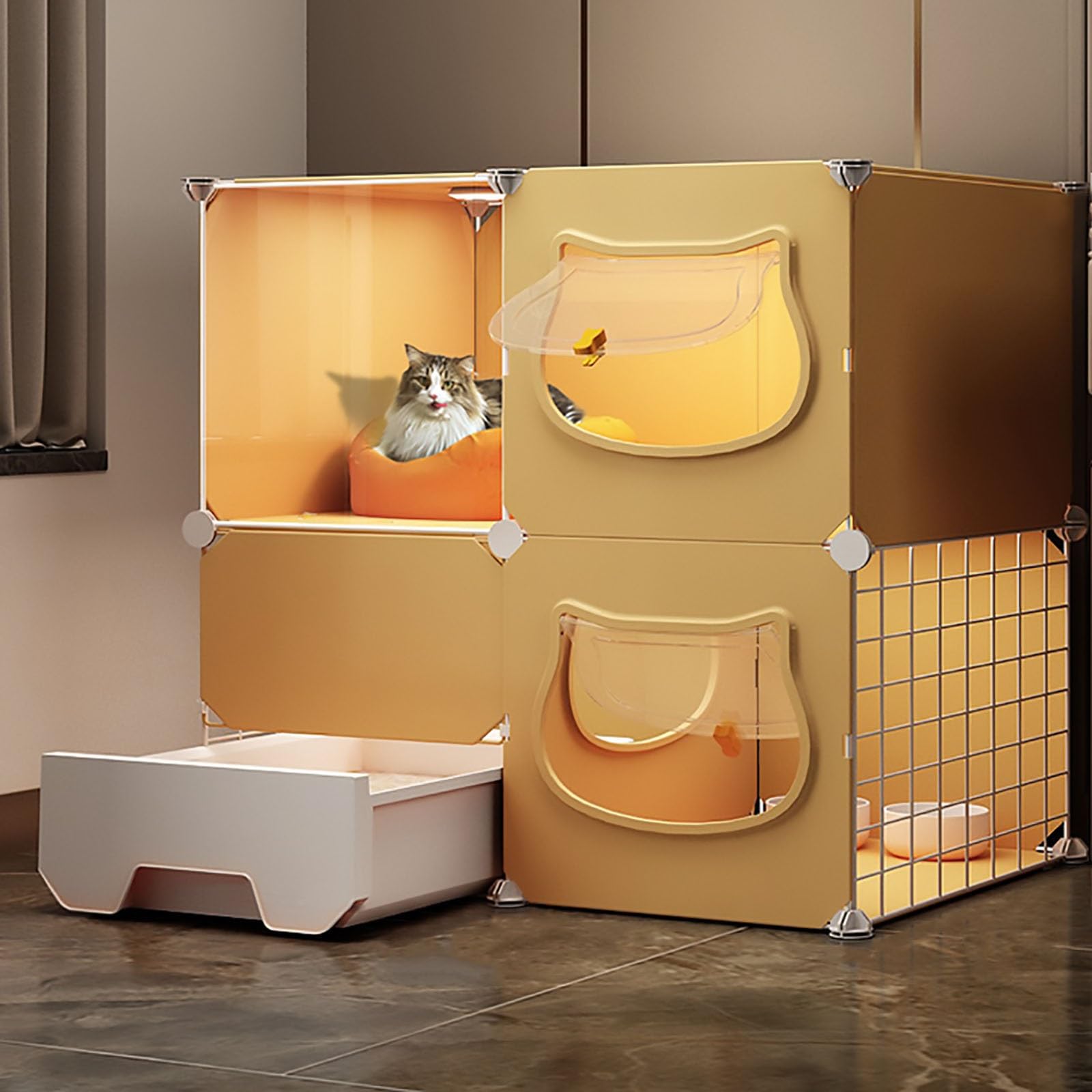 Cage pour chat contre les projections de litière avec enclos transparent spacieux