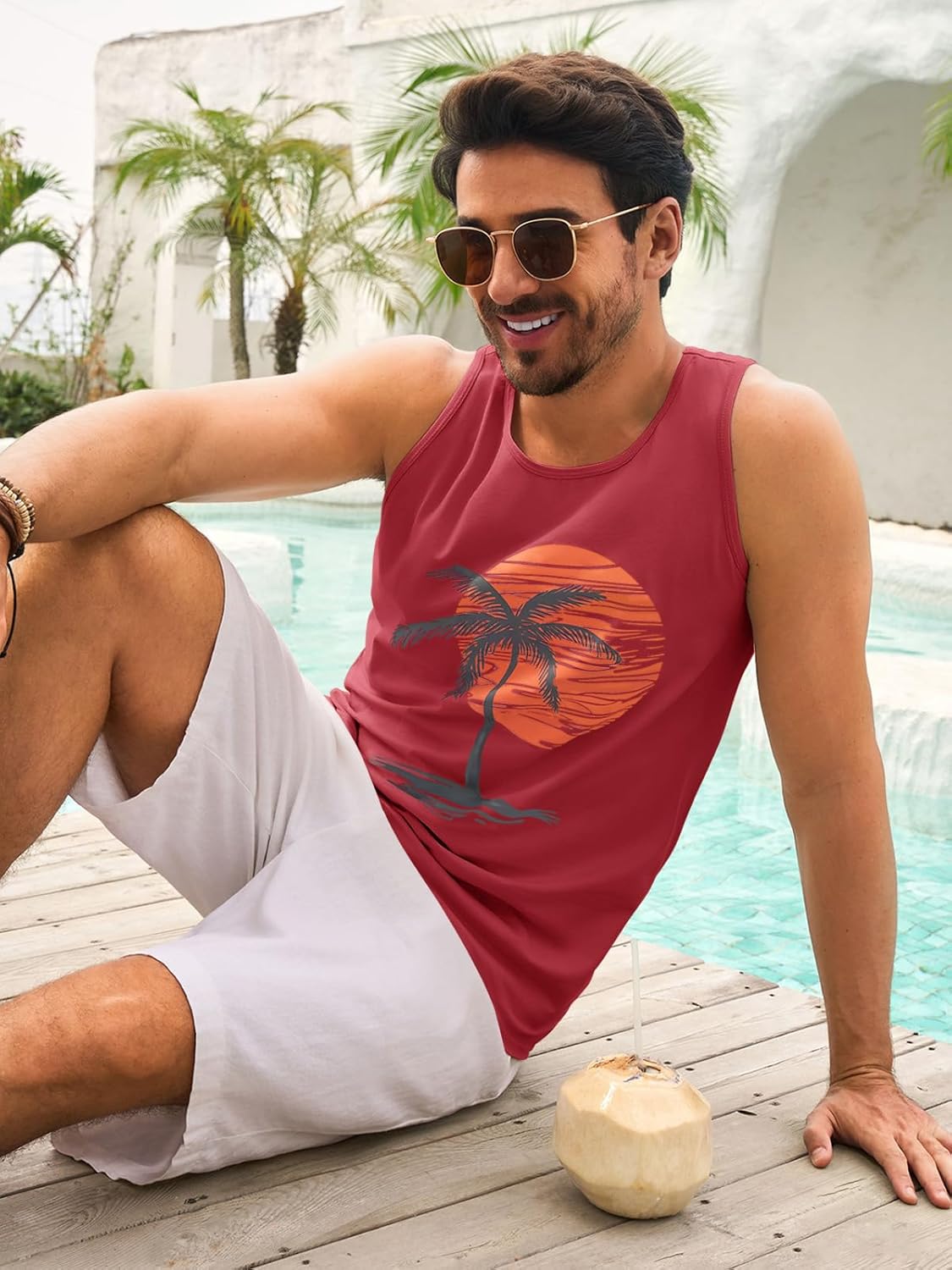 Mens Sleeveless Tank Tops Workout Gym Shirts Palm Tree Vintage Style T-Shirt - Image 3