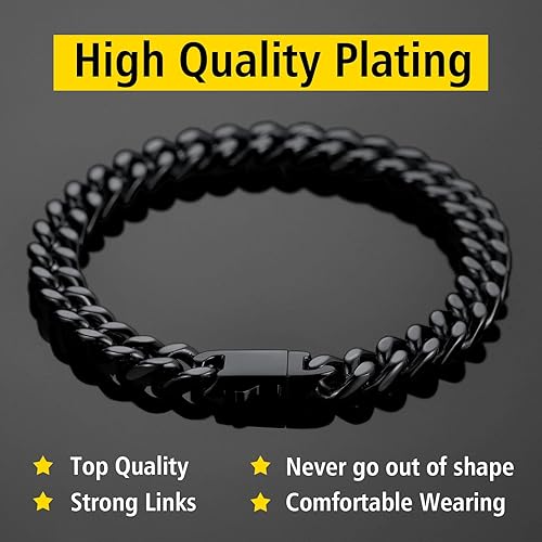 Miniatura 5 de ChainsProMax Pulseras de cadena cubana de acero inoxidable para hombre, 5790.472 in de ancho, 7.58.39 pulgadas de largo, negrodorado