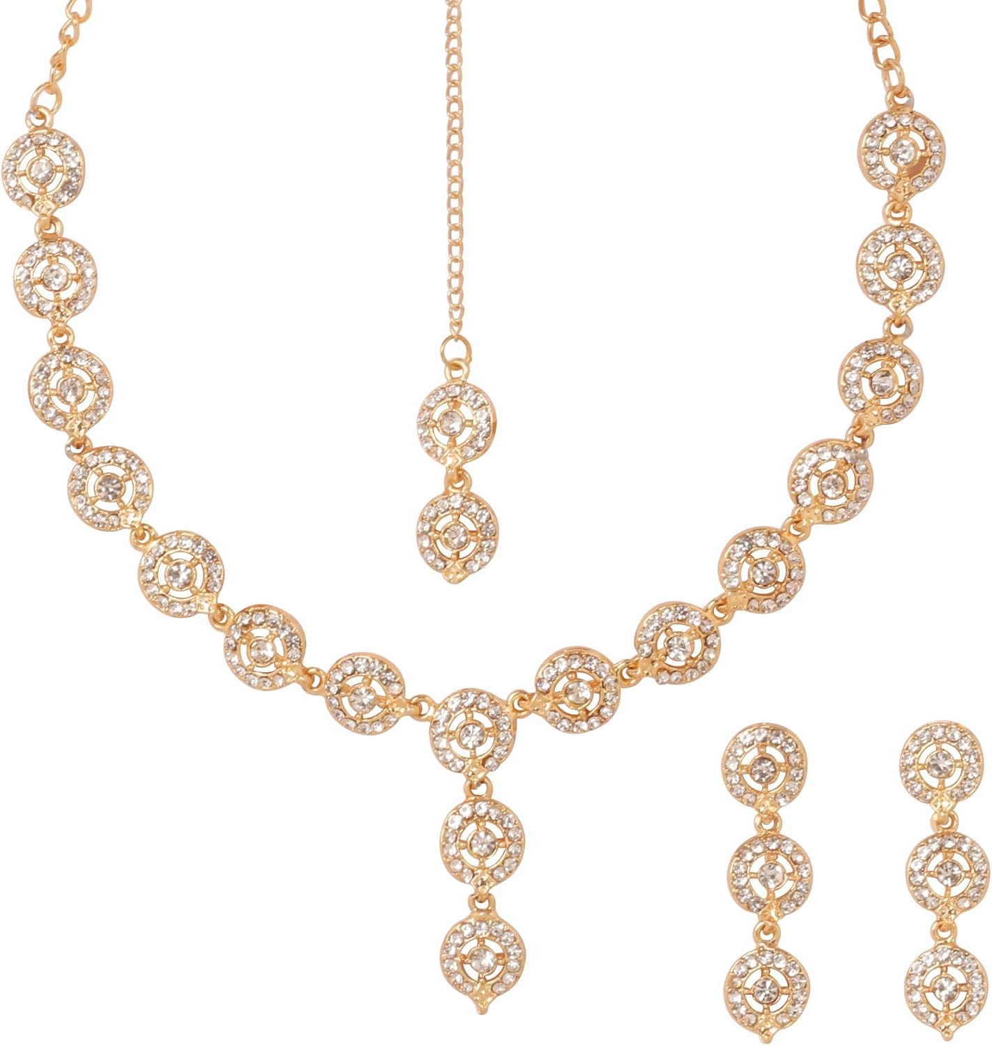 Sunsoul By Touchstone Indian Bollywood Rich Classy Workmanship Sparkling Rhinestone Round Shape Elegant Designer Jewelry Bridal Necklace Set with Mangtika in Gold Tone for Women.