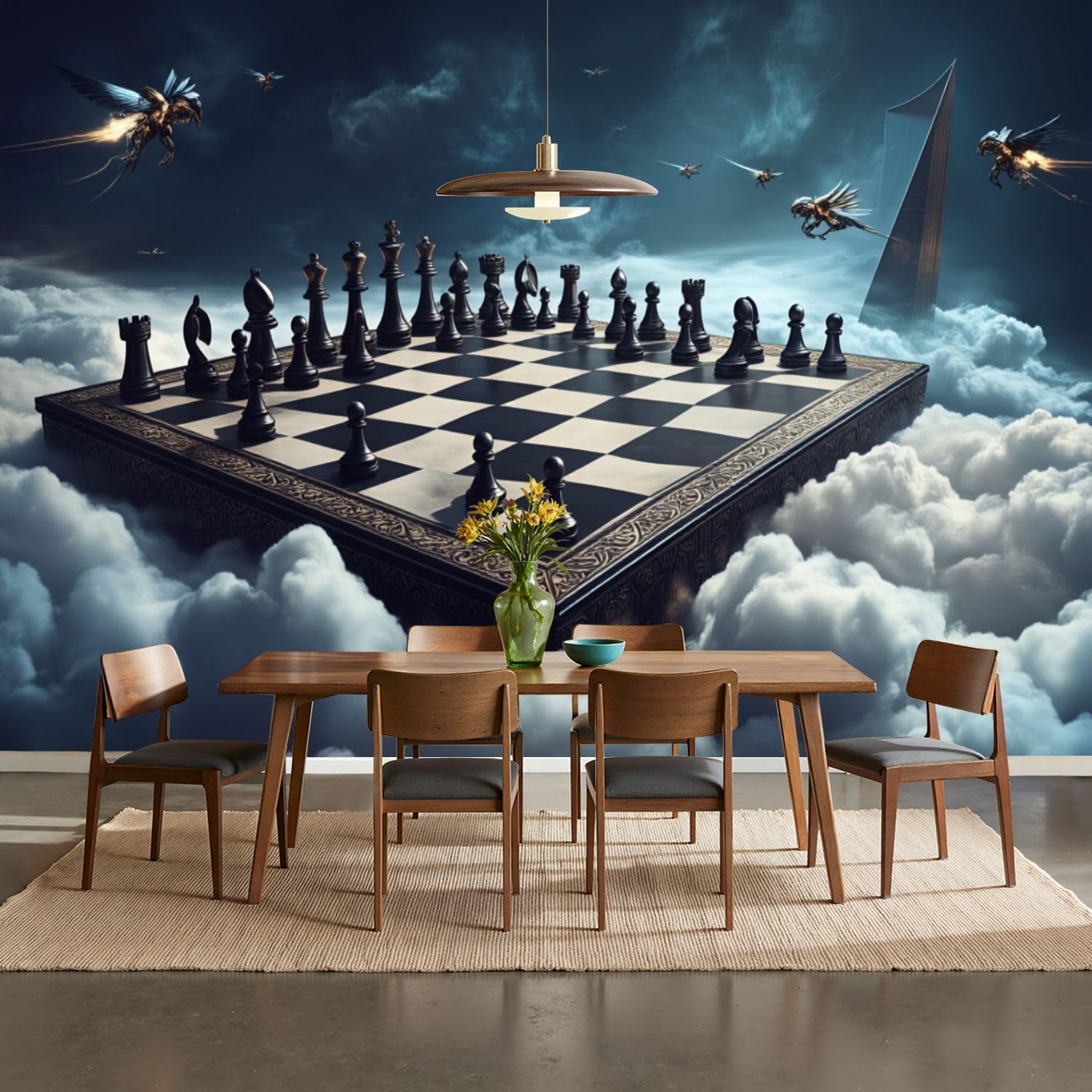 100"x144" Chess Wall Mural Peel and Stick Wallpaper Fantasy Chessboard Floating Clouds Dark Sky Mythical Wall Decor Self Adhesive Removable Wall Stickers for Bedroom Game Room Chess Players Decor