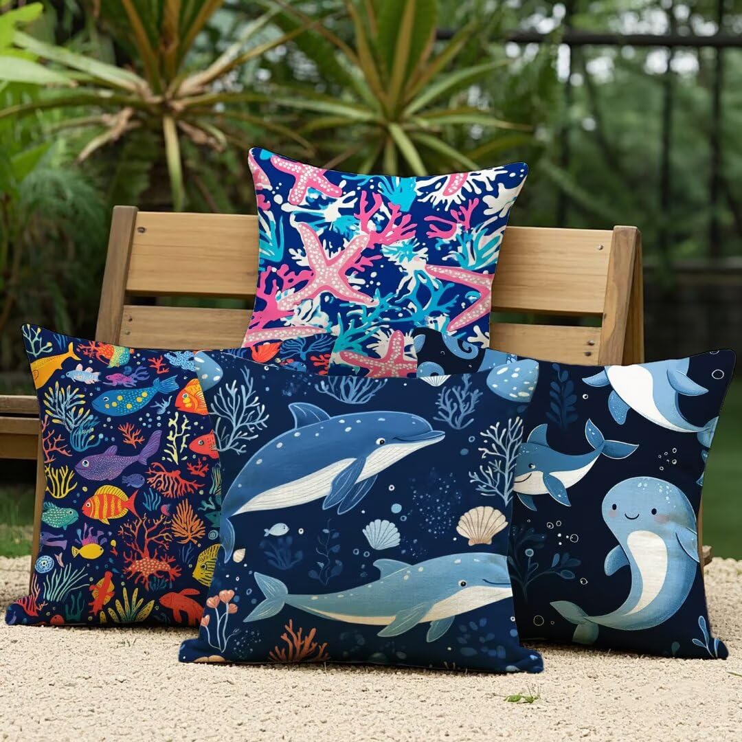 Housse de coussin extérieur imperméable 55x55cm en lin bleu protection pluie pour terrasse