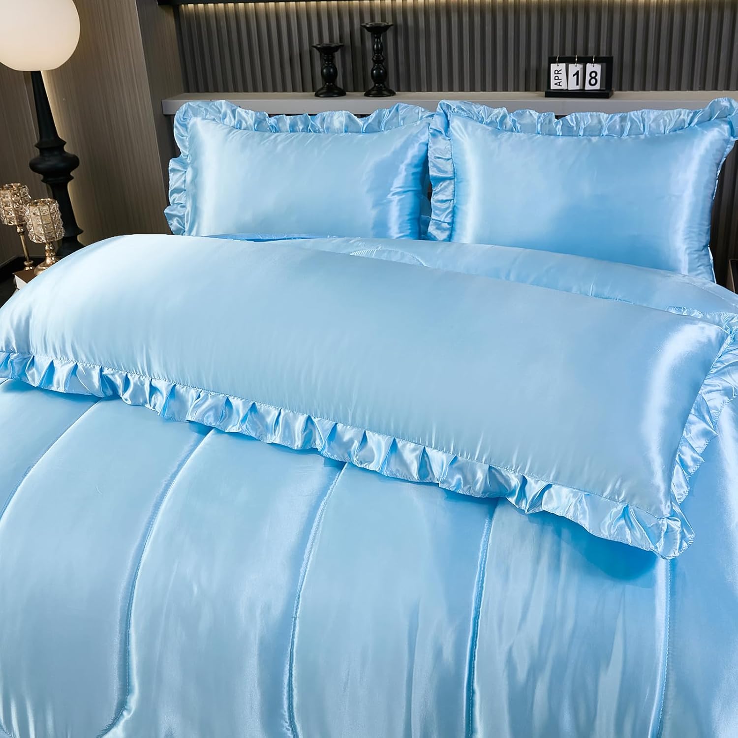 Satin Queen Comforter Silk Like Baby Blue Bedding 4 Pcs Hotel Soft Polyester Bed Set Luxury Silky Body Pillow Cover Ruffle Home Decor