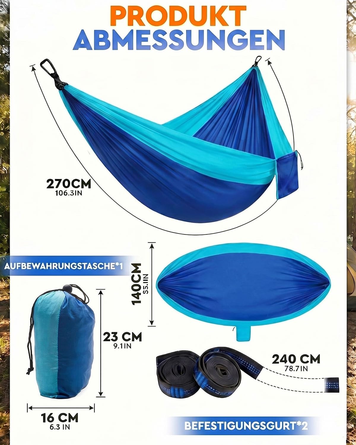 Camping Hängematte Outdoor, Ultraleichte Tragbare Hängematten mit Karabinern und Baumgurten, Campingausrüstung für Kinder, Nylon Reisebaum Hängematten für Garten Wandern Draußen, 270 x 140 cm(Blau)