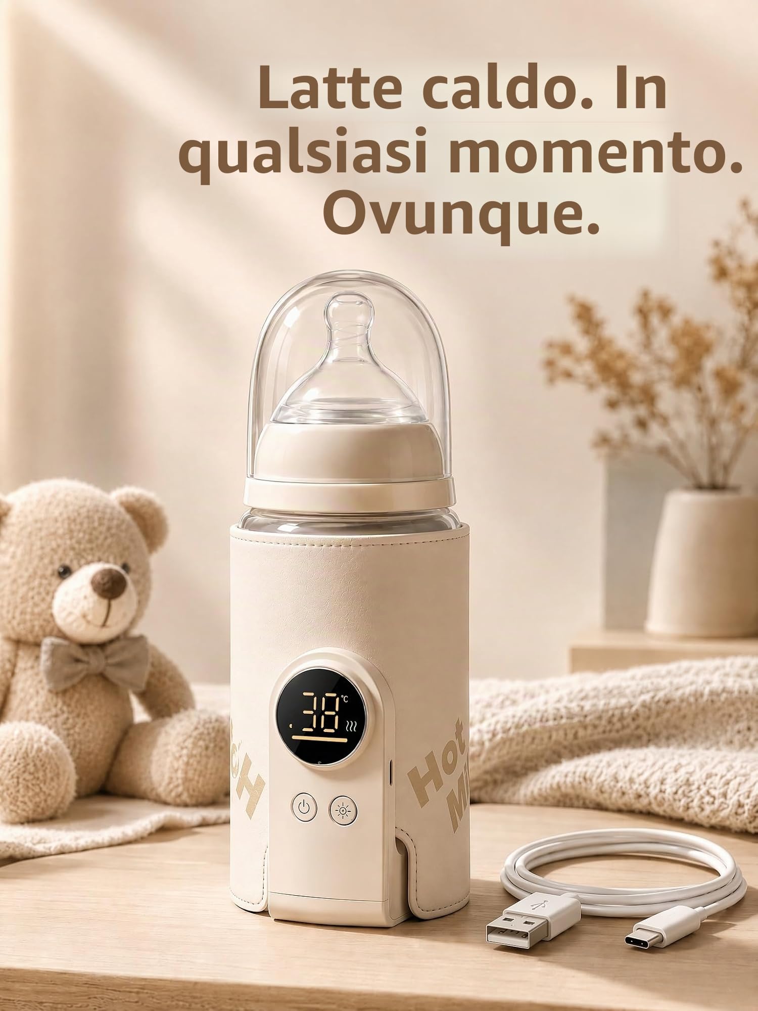 Scaldabiberon per bambini, portatile, con display LCD, ricarica USB, scaldabiberon, per bambini in viaggio e a casa