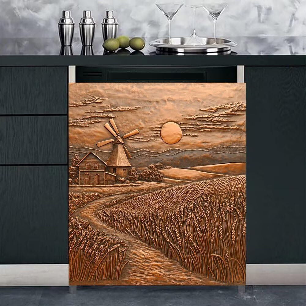 Copper Relief Farm Landscape Home Dishwasher Magnet Door Cover, Wheat Windmill Magnet Refrigerator Front Cover, 3D Pattern Kitchen Decorative Dishwasher Panel Decal 23" x 26" Magnetic
