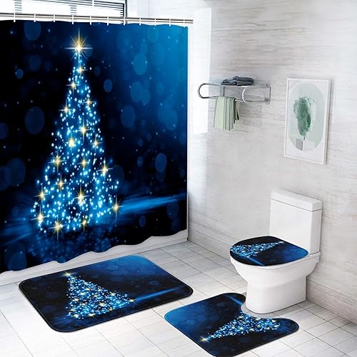 Miniatura 1 de Juego de cortina de ducha azul con árbol de Navidad brillante con alfombras, juego de baño con alfombra antideslizante, cubierta para tapa de