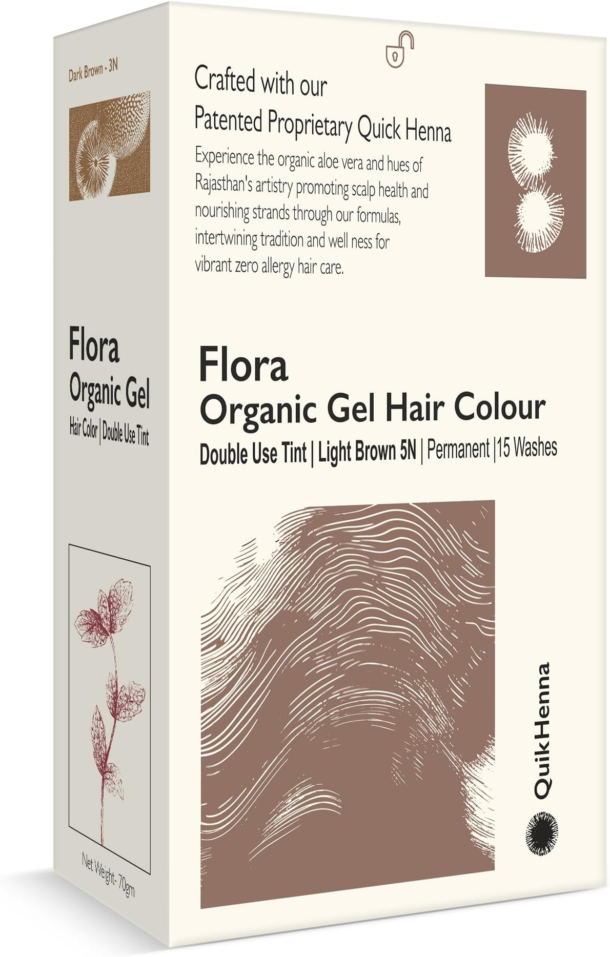 Quik Henna Flora Organic Gel Double Use Hair Colour With QH+ | 100% Grey Coverage, Ammonia & PPD Free Natural, Long-Lasting Hair Color for Men & Women | 5N Light Brown, 70gm, Pack Of 1