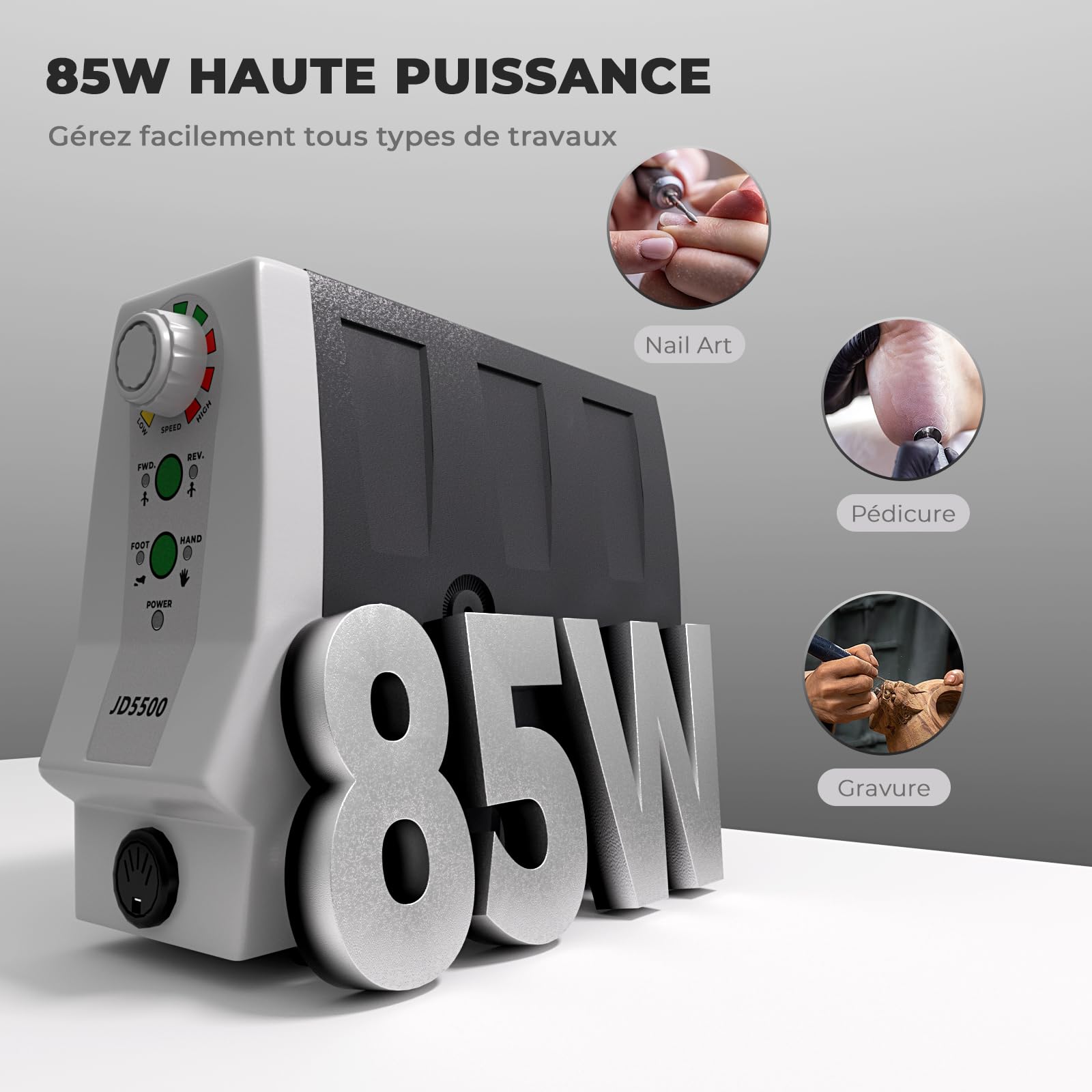 JSDA Ponceuse à Ongles Professionnelle 35000 tr/min, 85W, Puissante, Silencieuse et Aucune Vibration, Equipée d'une Pédale - Manucure Pédicure Machine Idéale Pour les Salons de Manucure