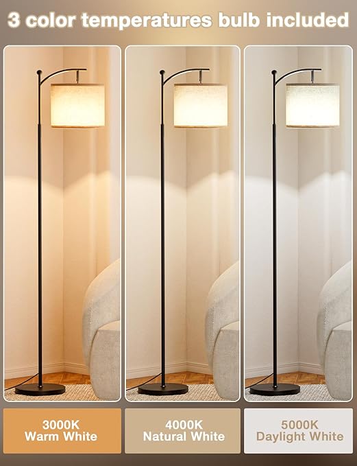 Ambimall Ambimall Floor Lamps for Living Room with 3 Color Temperatures, Standing Lamp Tall with Adjustable Linen Shade, Tall Lamps for Living Room Bedroom Office Classroom Dorm Room, 9W Bulb Included photo 2