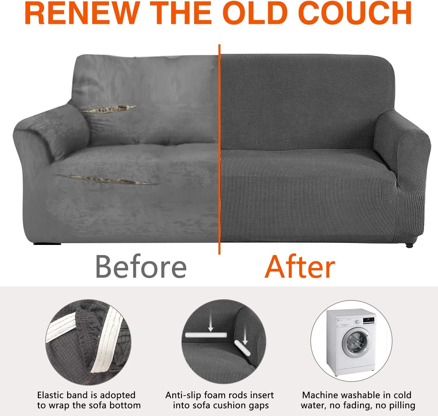 AUJOY Couch Cover Stretch 1-Piece Sofa Slipcover for 3 Cushion Couch Jacquard Spandex Fabric Furniture Protector with Anti-Slip Foams (Sofa, Dark Gray) : Home & Kitchen