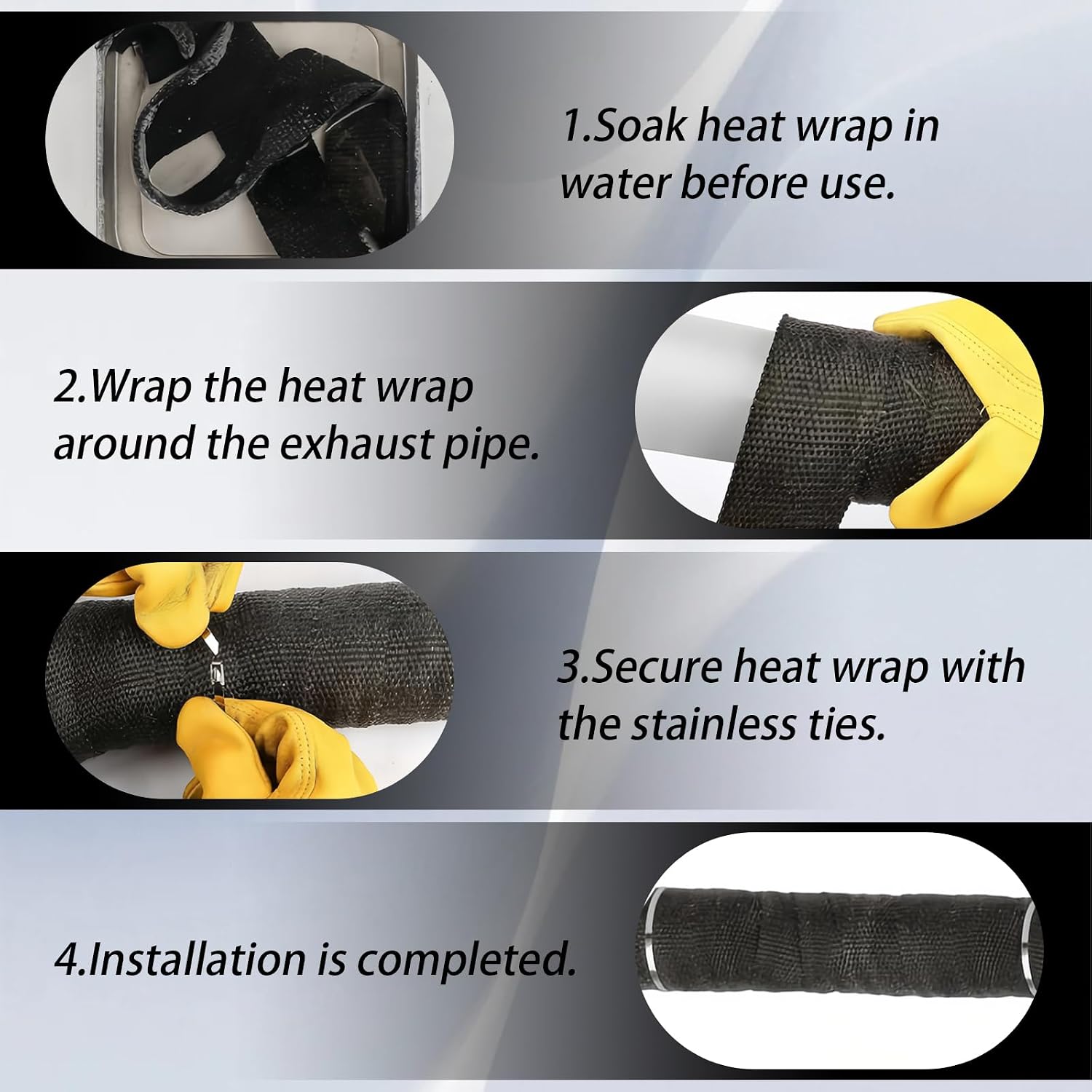 Exhaust Wrap Heat Shield Roll, 2 In x 16 Ft Fiberglass Heat Wrap for Exhaust Pipes for Motorcycle & Car, Includes 10 Stainless Locking Ties (Black)