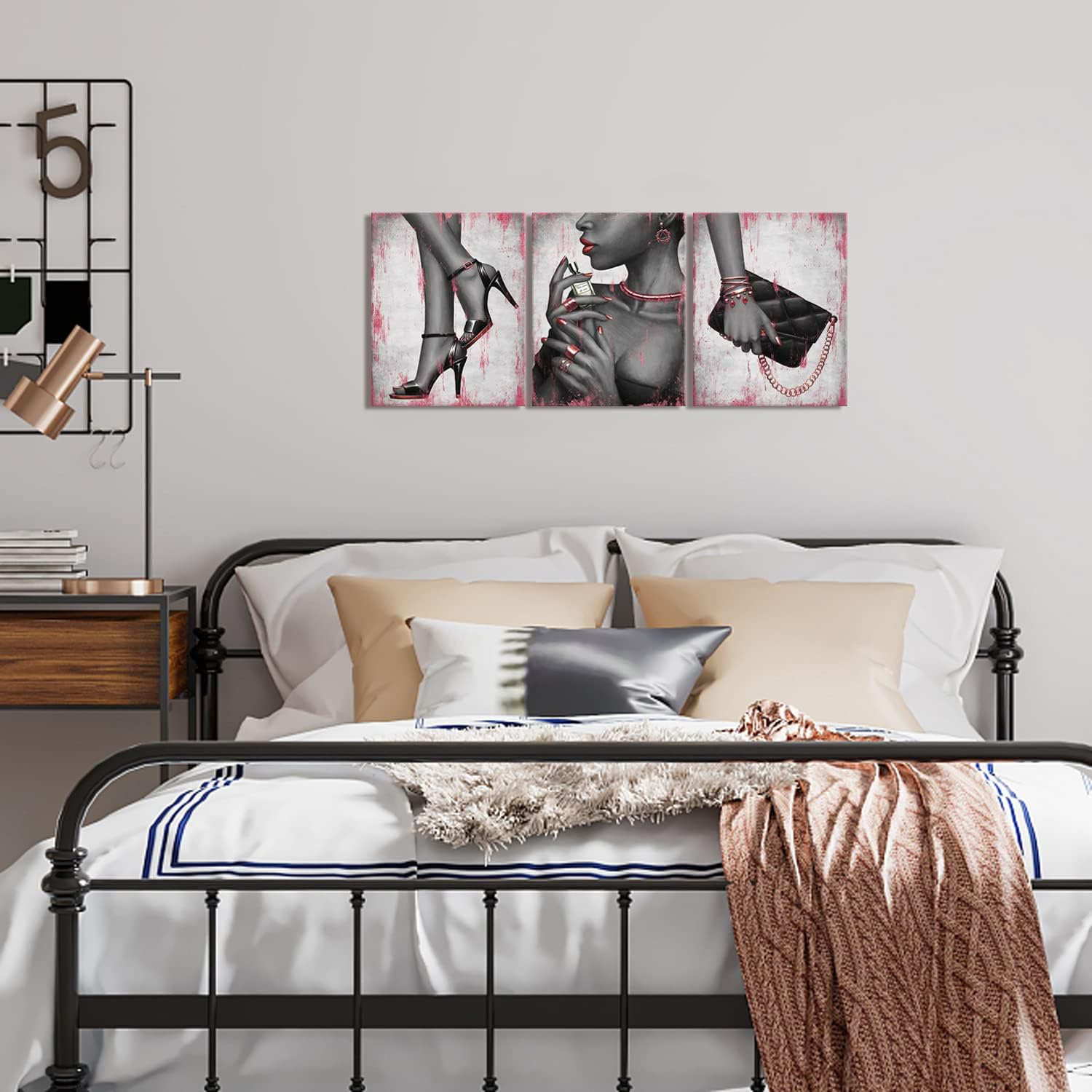 Visual Art Decor Fashion Elegant African American Black Woman Canvas Wall Art Gold Rose Pink High Heel Shoes Necklace Perfume Handbag Painting Giclee Prints Framed Poster for Home Living Room Bedroom