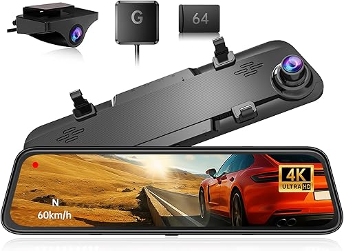JOMISE Cámara de espejo retrovisor 4K de 12 pulgadas, espejo retrovisor Full HD 2160P, cámara de tablero de espejo frontal y trasera, cámara WDR de