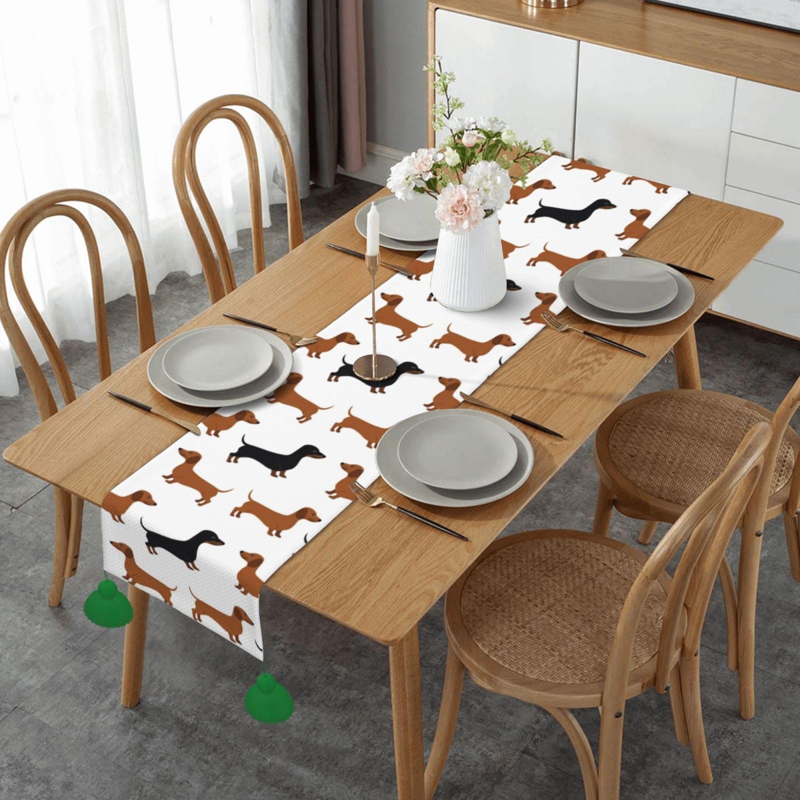 Chemin de table teckel en lin imprimé pour la déco de table de Noël et cuisine