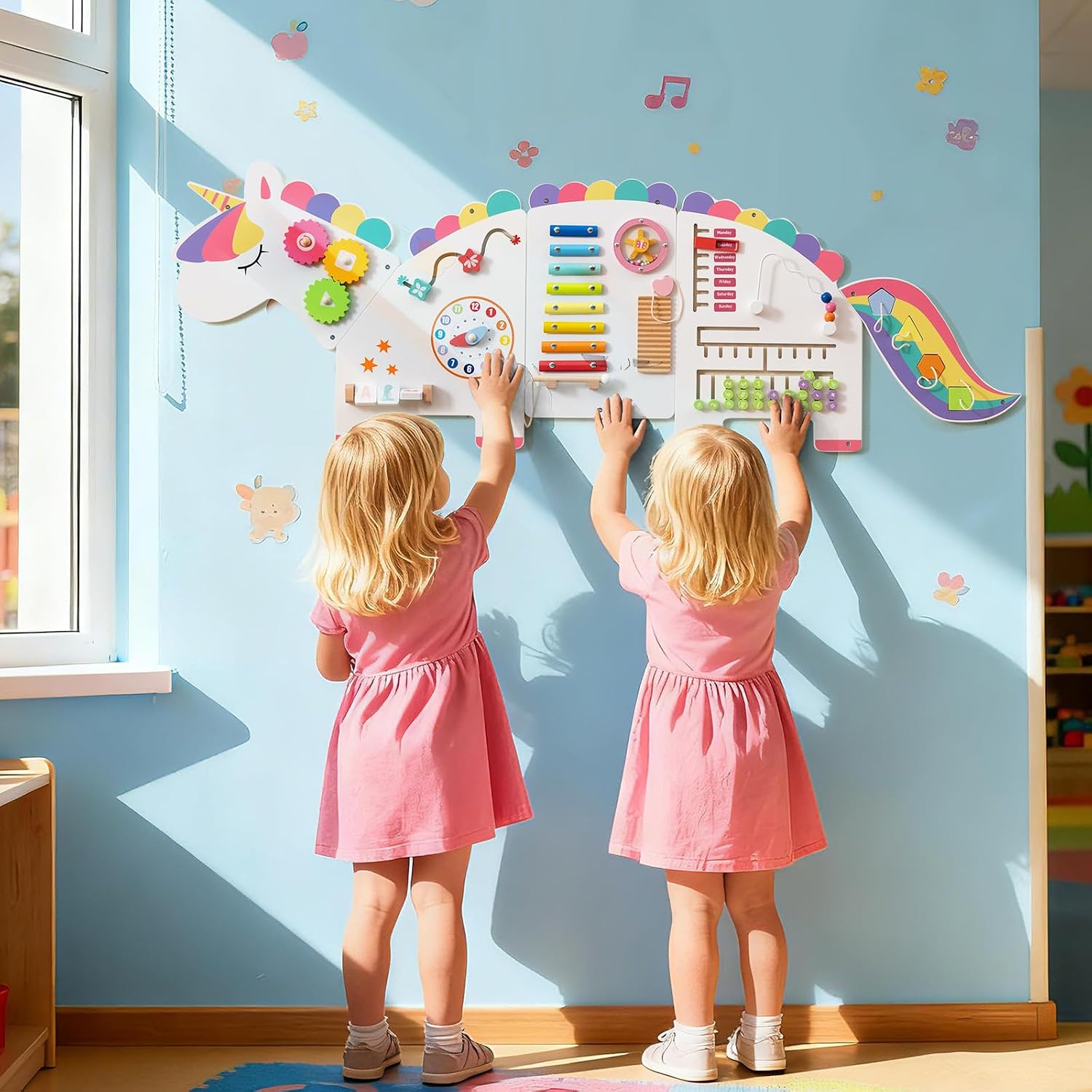 HONEY JOY Unicorn Activity Wall Busy Board Panels, 11-in-1 Wooden Sensory Wall Panel for Kids, Toddler Learning Activity Center, Ideal for Playroom Daycare Nursery Classroom Dentist Office (White)
