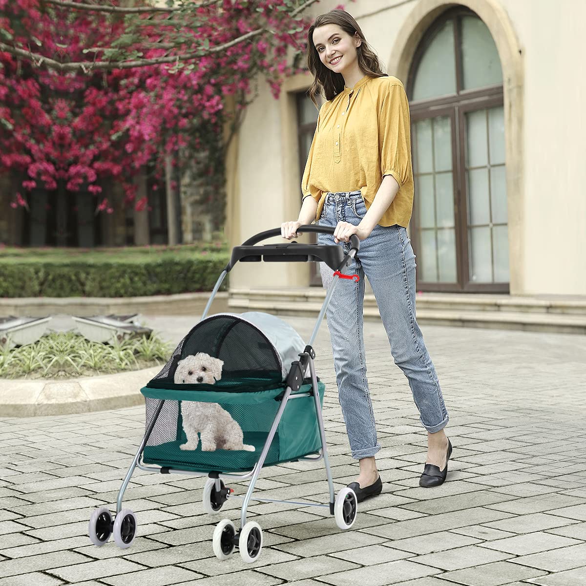 Pet Stroller with Cup Holder Dog Stroller for Small Dogs Folding Cat Strollers for Cats No Escape Cat Dog Cage Strollers Carrier Strolling Cart Travel Folding Carrier,Teal