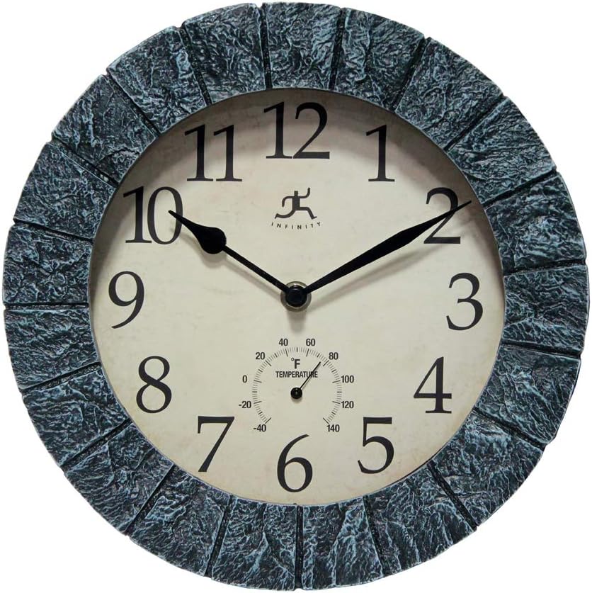 Stone Indoor/Outdoor Wall Clock Waterproof Large Display 10 inch Battery Operated Slate Clock with Thermometer Decorative Clocks for Pool, Patio, Outdoors, Living Room, Kitchen, Bathroom