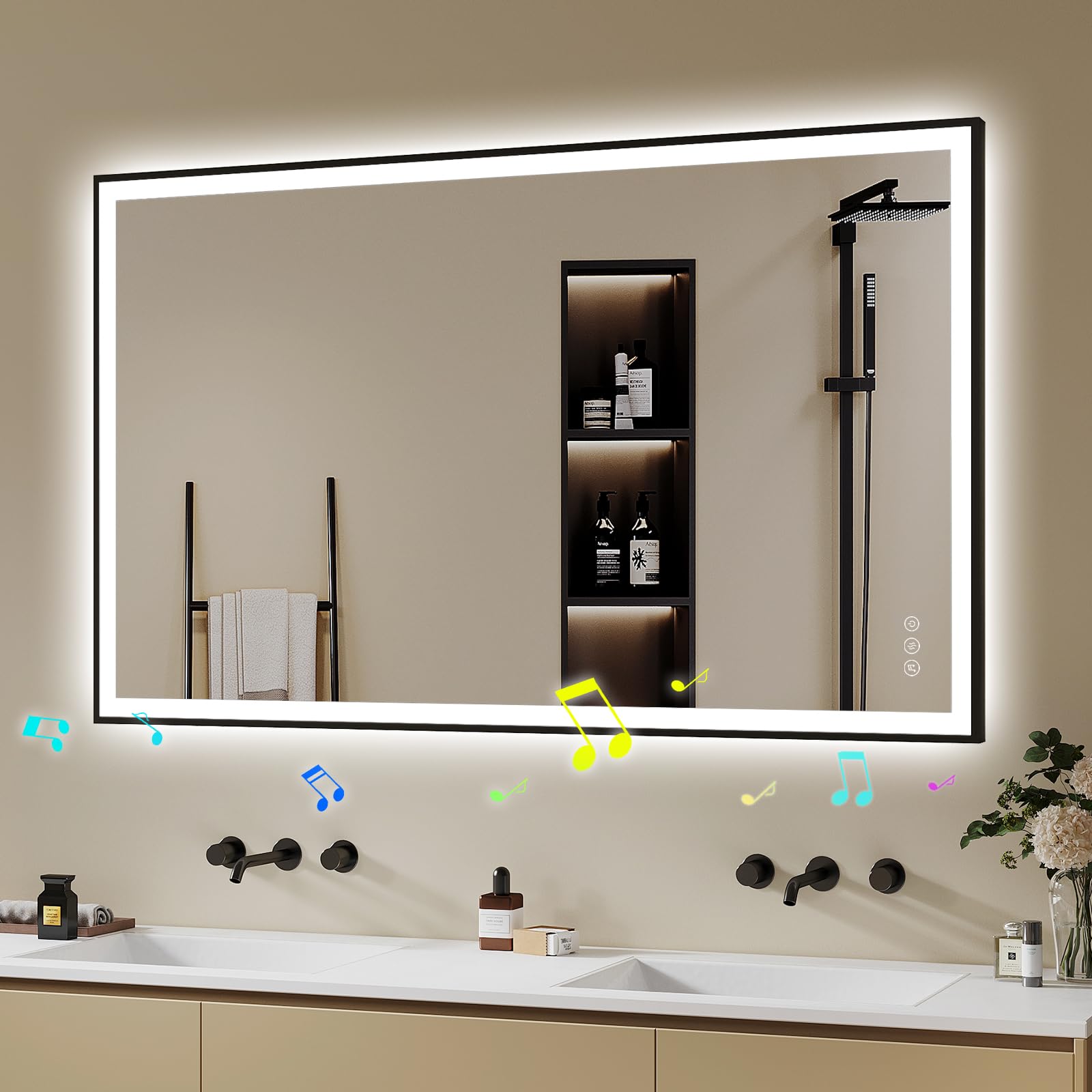 Espejo de baño con iluminación 100 x 70 cm – LED espejo de baño con Bluetooth – Espejo de baño con iluminación, antivaho, regulable, 3 colores de luz, espejo de pared LED negro marco de metal