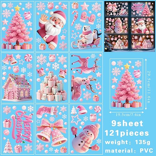 Miniatura 4 de 121 calcomanías de Navidad rosas para ventanas, Papá Noel, árbol de Navidad, copo de nieve, muñeco de nieve, ciervo, calcomanías de doble cara