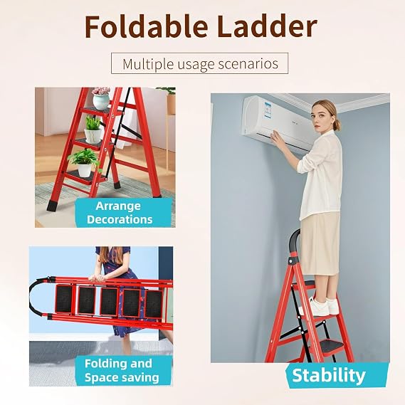 5 Step Folding Ladder, Portable and Compact, Anti-Slip Multi-Use Household Step Ladder for Home, Kitchen, Office, and Garage Easy Storage, Sturdy and Durable