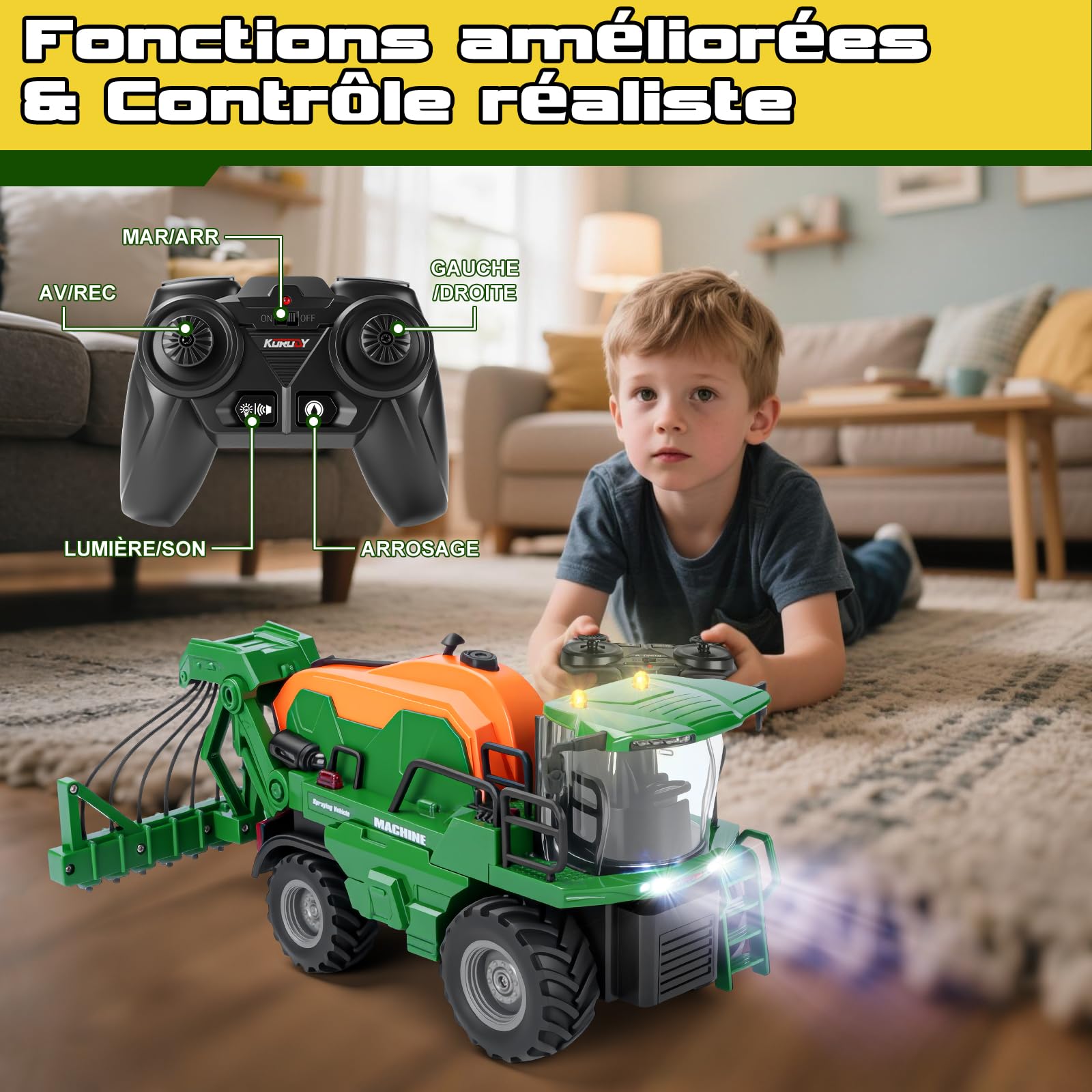 Ulikey Tracteur Enfant Télécommandé avec Irrigation, Jouet Ferme Voiture Télécommandé avec Lumière et Son pour 3-9 Ans Garçons Filles