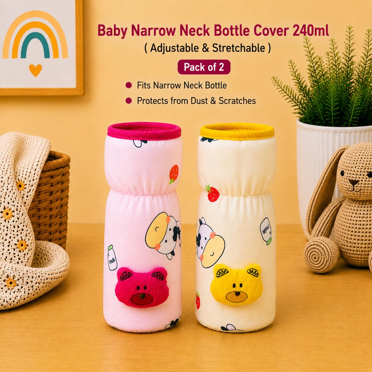 THE LITTLE LOOKERS Soft Plush Stretchable Baby Feeding Bottle Cover with Easy to Hold Strap | Cute Animated Overall Print Pack of 2 (Pink & Yellow, Narrow Neck 240ml/8oz) 1