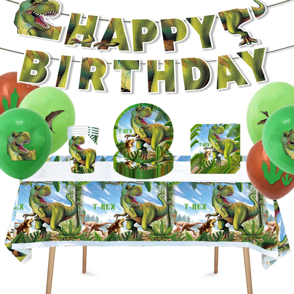 Set Compleanno Dinosauri Per 10 Persone - Tovaglia, Piatti, Bicchieri, Tovaglioli E Festone | Tema Preistorico - Foto 5