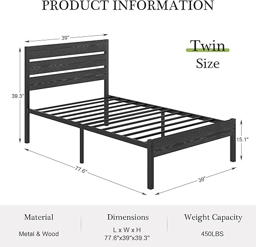 Miniatura 2 de VECELO Juego de 2 marcos de cama tamaño individual con cabecera y estribo de madera, marcos de plataforma resistentes con sistema de soporte de