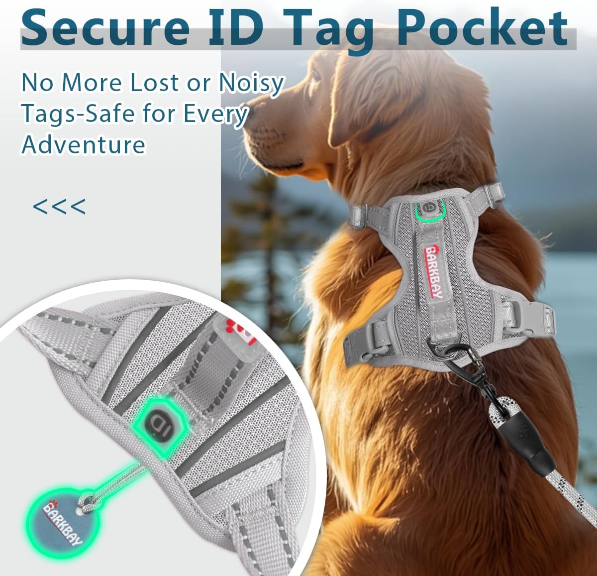 BARKBAY Dog Harness No Pull with ID Tag Pocket - Heavy Duty, Reflective, Easy Control for Large Dogs(Grey,L)
